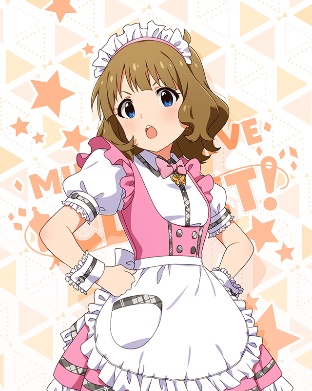 1girl ahoge apron blue_eyes blush bow bowtie brown_hair butterfly_ornament chestnut_mouth cowboy_shot dot_nose dress eyelashes frilled_apron frilled_skirt frills hands_on_own_hips idolmaster idolmaster_million_live! idolmaster_million_live!_theater_days looking_at_viewer maid_headdress official_alternate_costume official_art open_mouth pink_bow pink_bowtie pink_dress pretty_waitress_(idolmaster) puffy_short_sleeves puffy_sleeves shirt short_hair short_sleeves sidelocks skirt solo standing starry_background suou_momoko teeth thigh-highs upper_body v-shaped_eyebrows waist_apron waitress wavy_hair white_apron white_shirt white_thighhighs wrist_cuffs