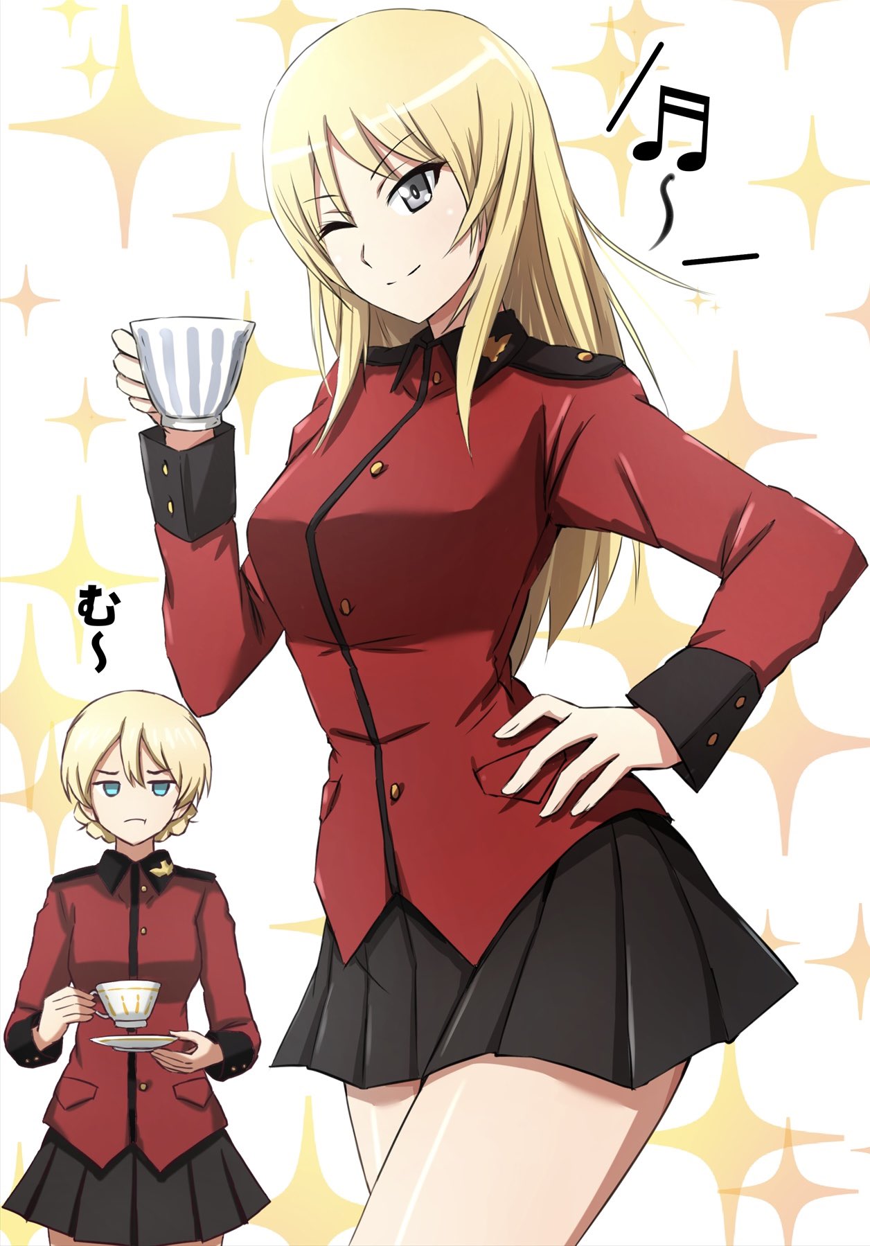 2girls beamed_sixteenth_notes black_skirt blonde_hair blue_eyes braid closed_mouth cup darjeeling_(girls_und_panzer) earl_grey_(girls_und_panzer) frown girls_und_panzer hand_on_own_hip highres holding holding_cup holding_saucer jacket long_sleeves looking_at_another looking_at_viewer military_uniform miniskirt multiple_girls musical_note omachi_(slabco) one_eye_closed pleated_skirt red_jacket saucer short_hair skirt smile sparkle st._gloriana's_military_uniform standing teacup translated twin_braids uniform white_background