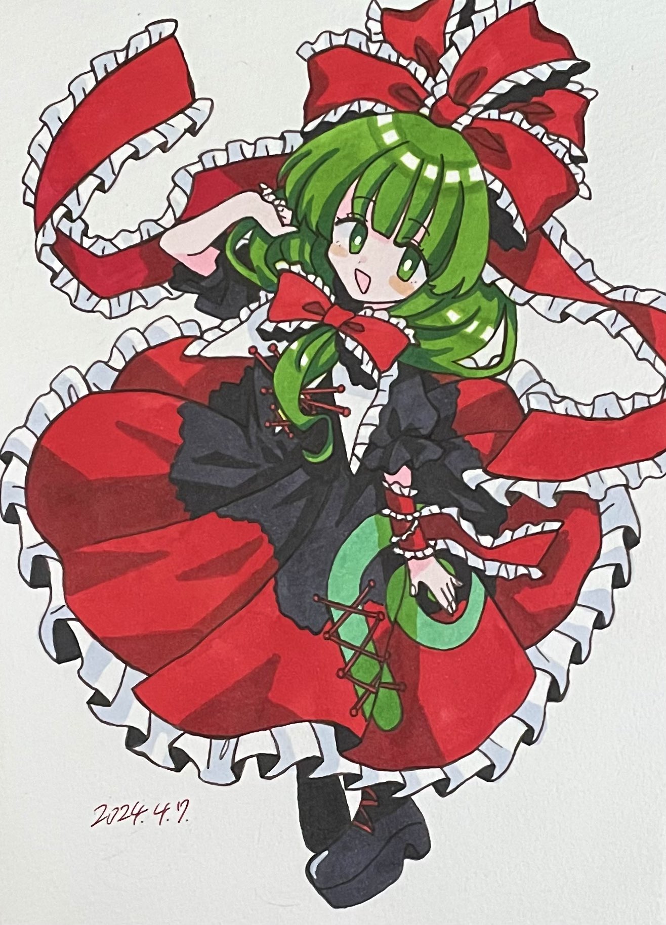 1girl arm_ribbon black_footwear boots bow cross-laced_footwear dated dress frilled_bow frilled_dress frilled_ribbon frills front_ponytail furiba_794 green_eyes green_hair highres kagiyama_hina looking_at_viewer puffy_short_sleeves puffy_sleeves red_bow red_ribbon ribbon short_sleeves smile solo touhou traditional_media