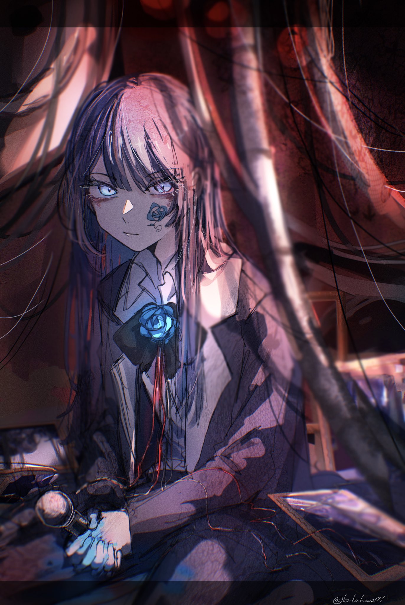 1girl ado_(utaite) black_bow black_bowtie black_coat black_hair black_pants blue_eyes blue_flower blue_rose bow bowtie cable chando_(ado) closed_mouth cloud_nine_inc coat collared_shirt commentary_request dress_shirt flower flower_brooch flower_facial_mark hane_(kakuhane) highres holding holding_microphone long_hair long_sleeves looking_at_viewer microphone on_ground open_clothes open_coat own_hands_together pants rose shirt sidelocks sitting solo twitter_username utaite white_shirt