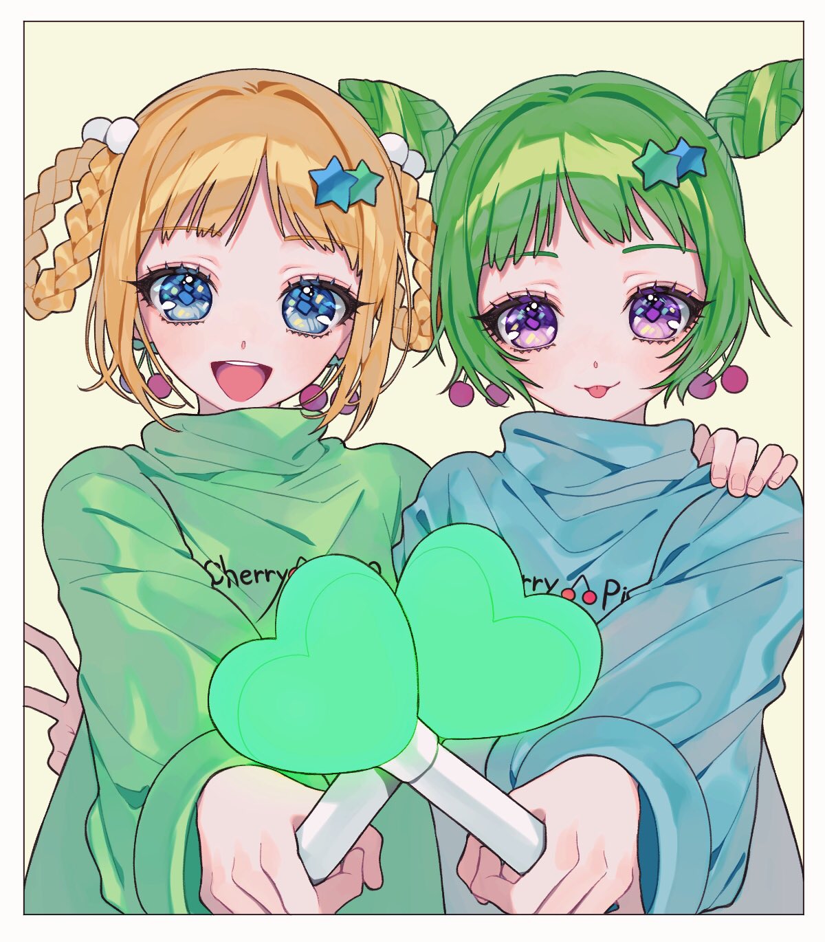 2girls :3 :d ao_(ao0_0nemu) bad_id bad_twitter_id blonde_hair blue_eyes blue_sweater blush braided_hair_rings cherry_earrings commentary_request cone_hair_bun double_bun earrings food-themed_earrings fukuhara_ann green_hair green_sweater hair_bun hair_ornament hand_on_another's_shoulder highres holding_glowstick jewelry long_hair long_sleeves looking_at_viewer morizono_wakana multiple_girls open_mouth pretty_rhythm pretty_rhythm_rainbow_live pretty_series short_hair smile star_(symbol) star_hair_ornament sweater upper_body v violet_eyes