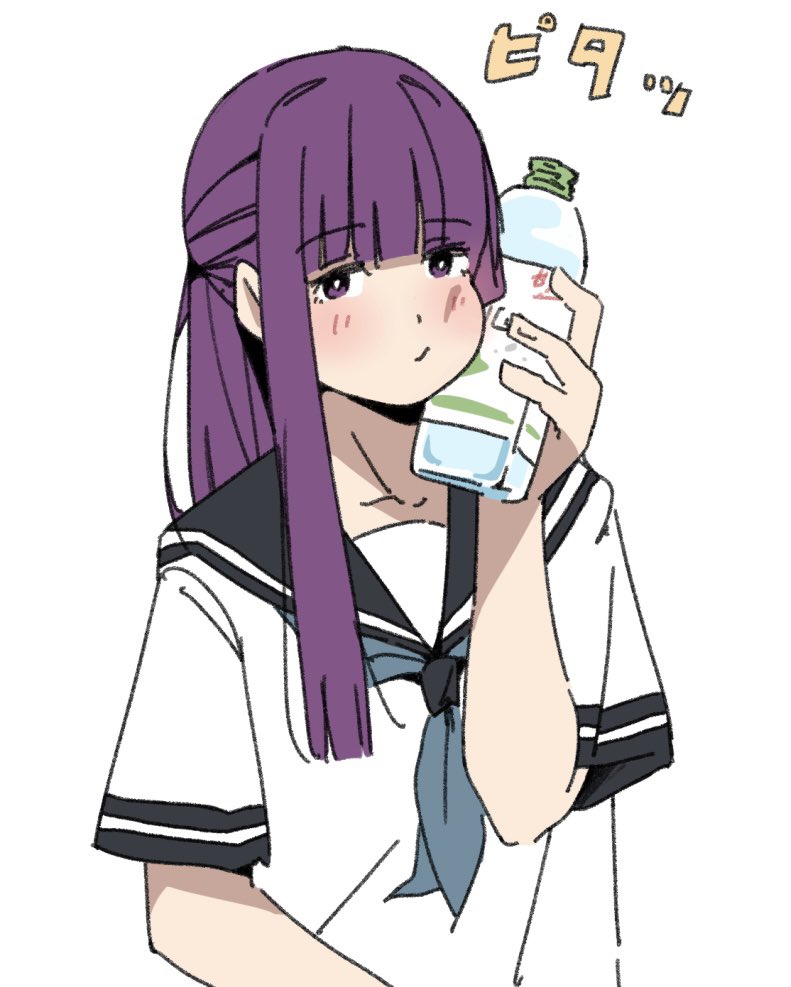 1girl black_sailor_collar blue_neckerchief blunt_bangs blush bottle closed_mouth dot_nose fern_(sousou_no_frieren) hand_up holding holding_bottle long_hair looking_at_viewer neckerchief perutore plastic_bottle purple_hair sailor_collar school_uniform shirt short_sleeves sidelocks simple_background solo sousou_no_frieren straight_hair upper_body violet_eyes water_bottle white_background white_shirt