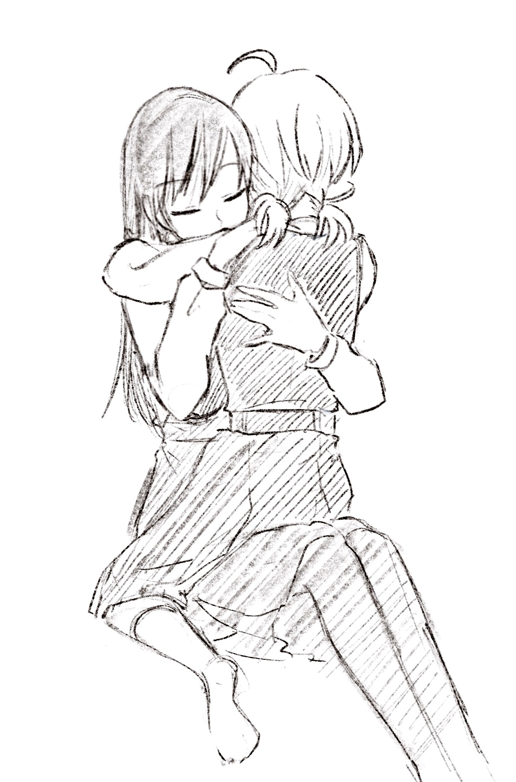 2girls ahoge closed_eyes commentary_request dress greyscale hand_on_another's_back hand_on_another's_shoulder highres hug koito_yuu long_hair monochrome multiple_girls nanami_touko nyamo pinafore_dress school_uniform short_hair short_twintails sitting sitting_on_lap sitting_on_person sketch sleeveless sleeveless_dress tohmi_higashi_high_school_uniform twintails yagate_kimi_ni_naru yuri