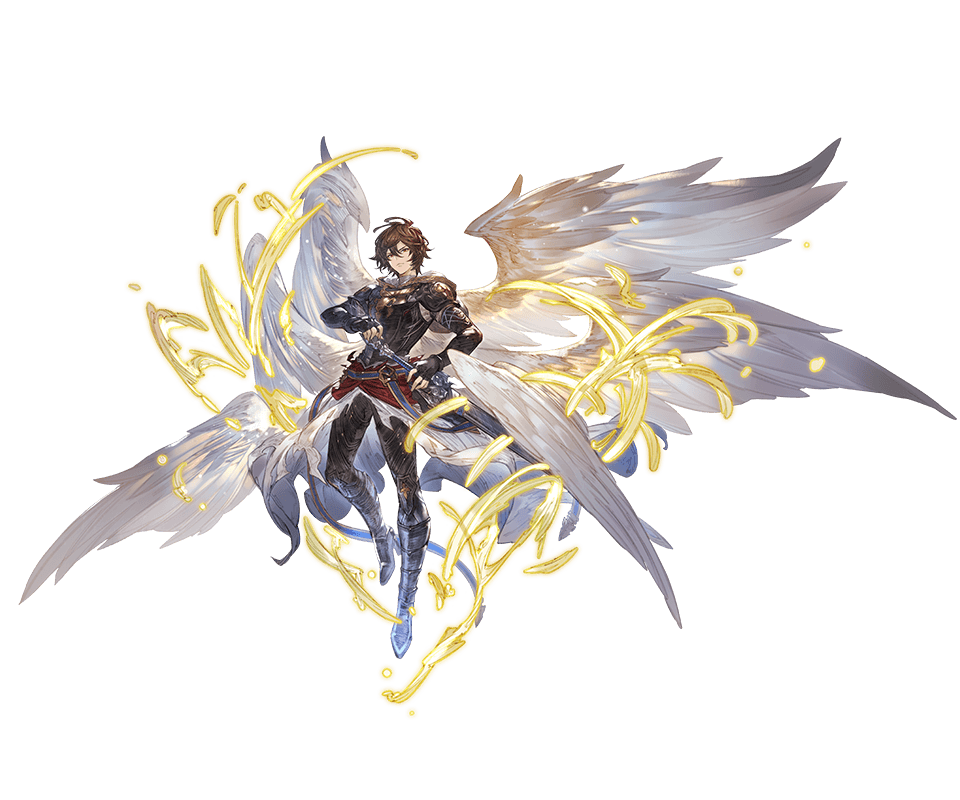 1boy ahoge armor belt bishounen boots breastplate brown_hair cape downscaled energy expressionless feathered_wings floating floating_cape full_body granblue_fantasy hair_between_eyes high_heel_boots high_heels holding holding_sword holding_weapon hood hood_down light_frown looking_at_viewer minaba_hideo multiple_wings official_art red_eyes resized sandalphon_(granblue_fantasy) scabbard sheath sword tachi-e transparent_background weapon white_cape white_wings wings