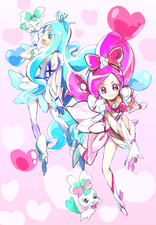 &gt;_&lt; 2girls back back-to-back blue_bow blue_eyes blue_hair blue_skirt boots bow bowtie brooch chypre_(heartcatch_precure!) clenched_hand closed_mouth coffret_(heartcatch_precure!) cross-laced_clothes cross-laced_dress cure_blossom cure_marine dress drill_hair eyelashes flower footwear_ribbon frilled_sleeves frills from_behind full_body gloves hair_bow hair_flower hair_ornament hanasaki_tsubomi heart heart_background heart_brooch heart_hair_ornament heartcatch_precure! high_heel_boots high_heels high_ponytail jewelry jutu knees kurumi_erika long_hair looking_at_viewer looking_back magical_girl multiple_girls open_mouth pink_background pink_bow pink_bowtie pink_eyes pink_hair pink_ribbon pink_skirt precure puffy_short_sleeves puffy_sleeves ribbon short_dress short_sleeves simple_background skirt smile thigh-highs v-shaped_eyebrows very_long_hair wavy_hair white_dress white_flower white_footwear white_gloves white_sleeves white_thighhighs wrist_flower