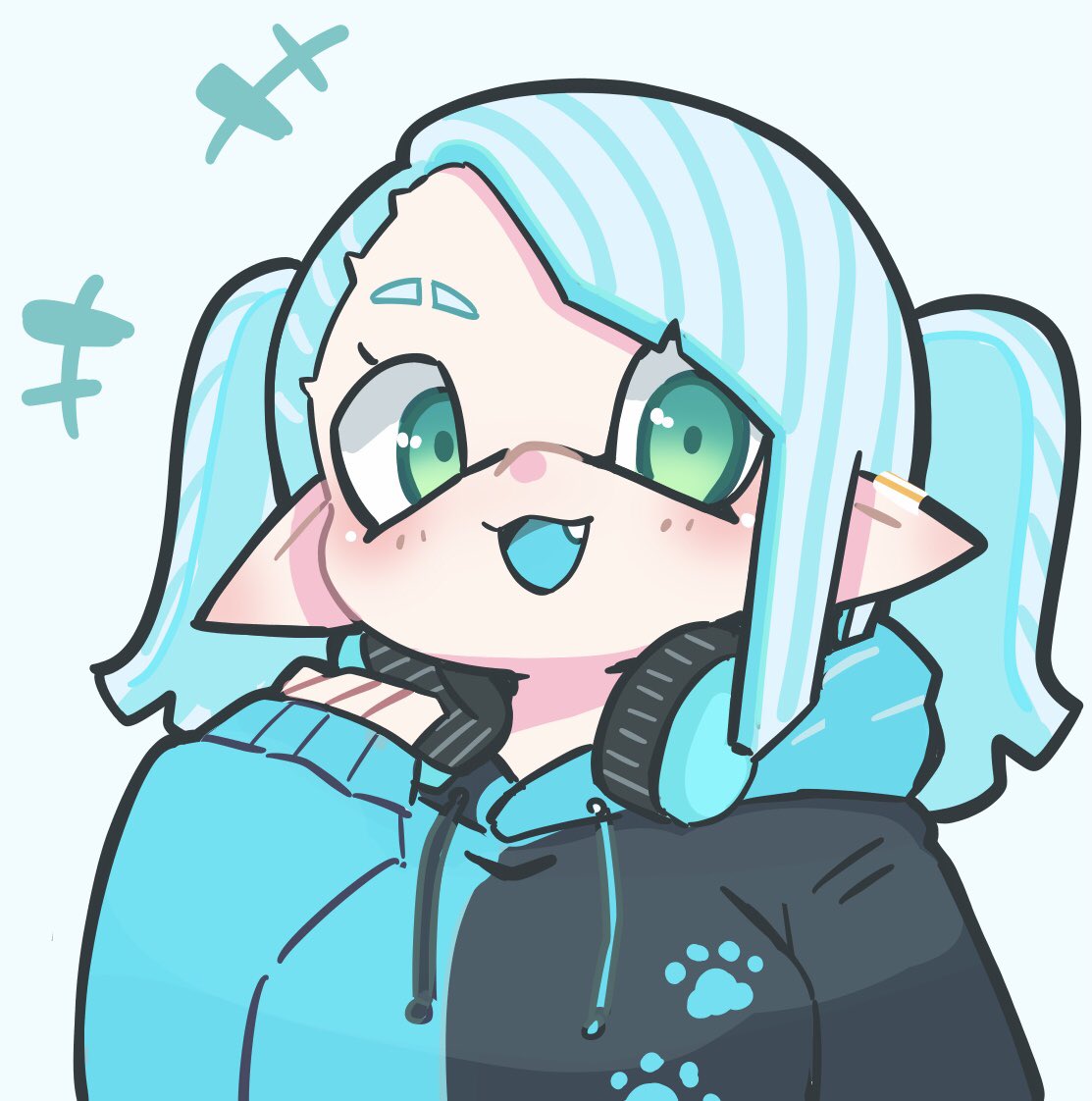 +++ 1girl black_hoodie blue_hair blue_hoodie blue_tongue colored_tongue eyebrow_cut fang green_eyes headphones headphones_around_neck hekoningyou_(waraningyou) hood hoodie inkling inkling_girl inkling_player_character looking_at_viewer open_mouth paw_print pointy_ears solo splatoon_(series) twintails upper_body white_background