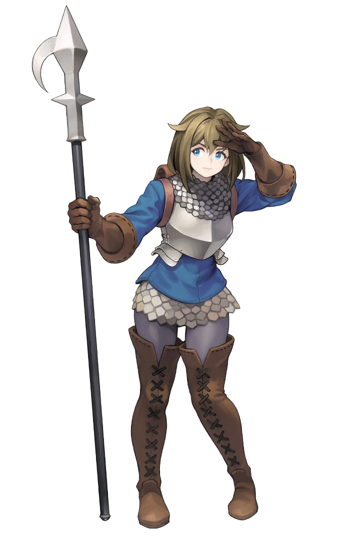 1girl armor blue_eyes boots breastplate brown_footwear brown_hair chainmail chloe_(unicorn_overlord) full_body grey_leggings holding holding_polearm holding_weapon leggings noma_takafumi official_art polearm short_hair standing thigh_boots third-party_source unicorn_overlord weapon