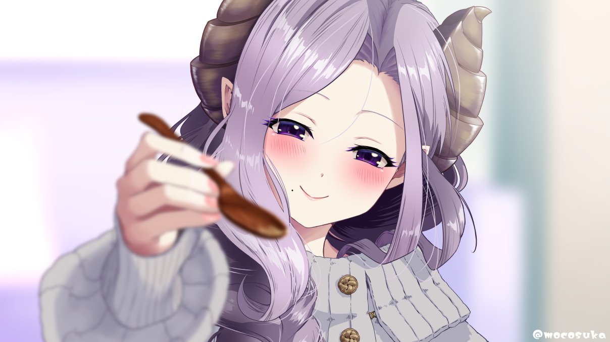 1girl blurry blurry_background blush brown_horns demon_girl demon_horns feeding half-closed_eyes holding holding_spoon horns incoming_food long_hair long_sleeves looking_at_viewer mocosuka mole mole_under_mouth nanashi_inc. pointy_ears pov purple_hair saionji_mary smile solo spoon twitter_username upper_body violet_eyes