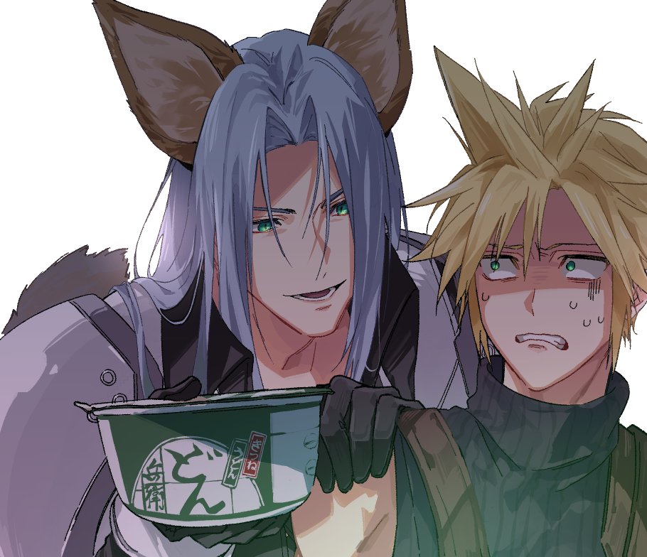 2boys aburaage animal_ears armor blonde_hair clenched_teeth cloud_strife donbee_(food) donbee_kitsune_udon final_fantasy final_fantasy_vii food fox_ears gloves green_eyes grey_hair hand_on_another's_shoulder holding instant_udon kemonomimi_mode kitsune_udon long_hair long_sleeves looking_at_another male_focus multiple_boys nervous_sweating noodles parted_bangs ribbed_shirt sephiroth shirt shoulder_armor sleeveless smile spiky_hair sweat teeth udon upper_body