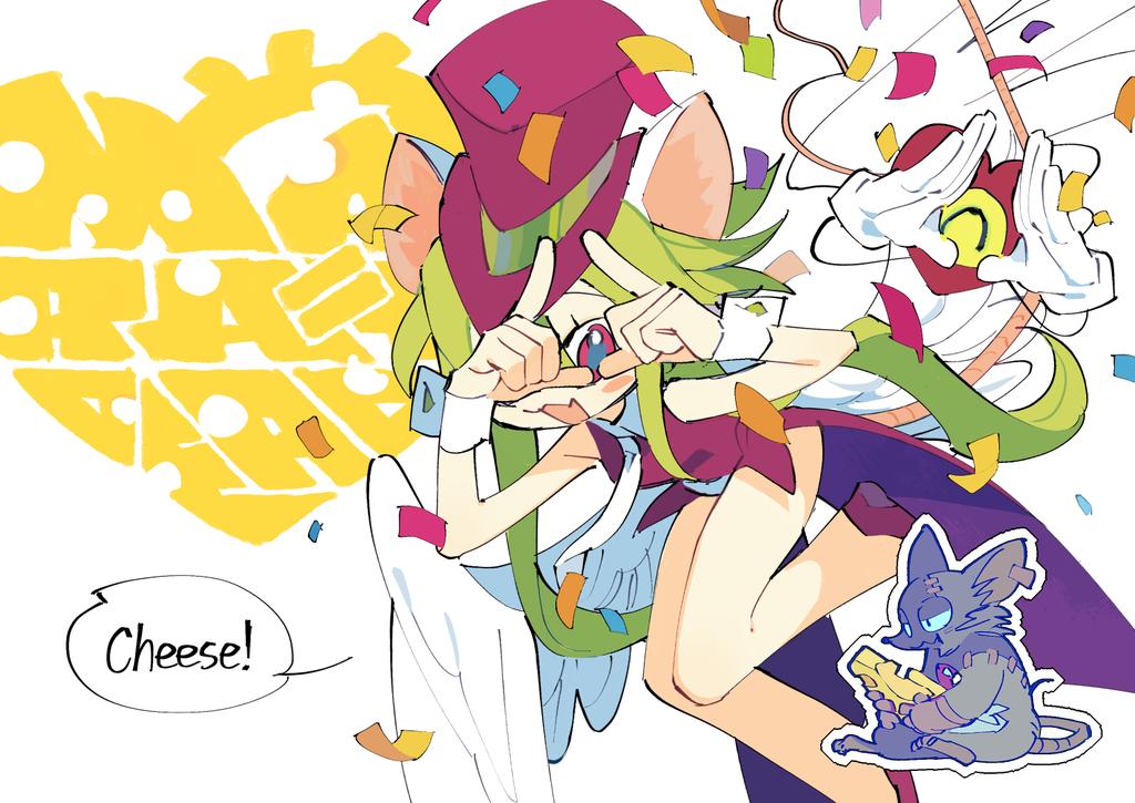 1girl 2boys :3 animal_ears black_eyes blush_stickers cheese collar colored_sclera confetti copyright_name ear_tag eating english_text food gloves green_hair hair_between_eyes hamukostill hashtag_only_commentary hat heart heart_(mad_rat_dead) high_heels leotard mad_rat_(mad_rat_dead) mad_rat_dead mouse mouse_ears mouse_girl mouse_tail multiple_boys necktie one-eyed rat_god_(mad_rat_dead) red_eyes red_footwear red_hat sidelocks sitting speech_bubble stitched_face stitches swiss_cheese tail tailcoat top_hat white_background white_collar white_gloves white_leotard white_necktie white_wrist_cuffs wings wrist_cuffs yellow_sclera