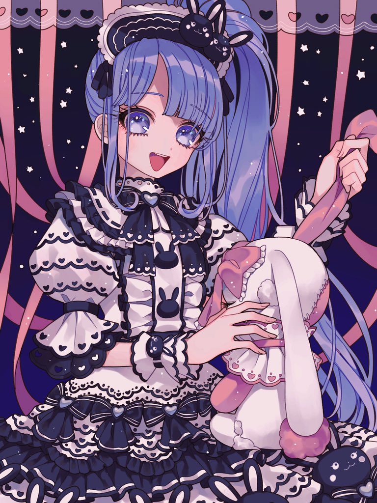 1girl ao_(ao0_0nemu) bad_id bad_twitter_id black_bow blunt_bangs bow center_frills commentary_request cowboy_shot dress frilled_dress frilled_sleeves frills hairband hand_up holding holding_stuffed_toy lolita_fashion lolita_hairband long_hair looking_at_viewer manaka_non open_mouth pretty_series pripara puffy_sleeves purple_hair side_ponytail smile solo standing stuffed_animal stuffed_rabbit stuffed_toy two-tone_dress very_long_hair violet_eyes wrist_cuffs