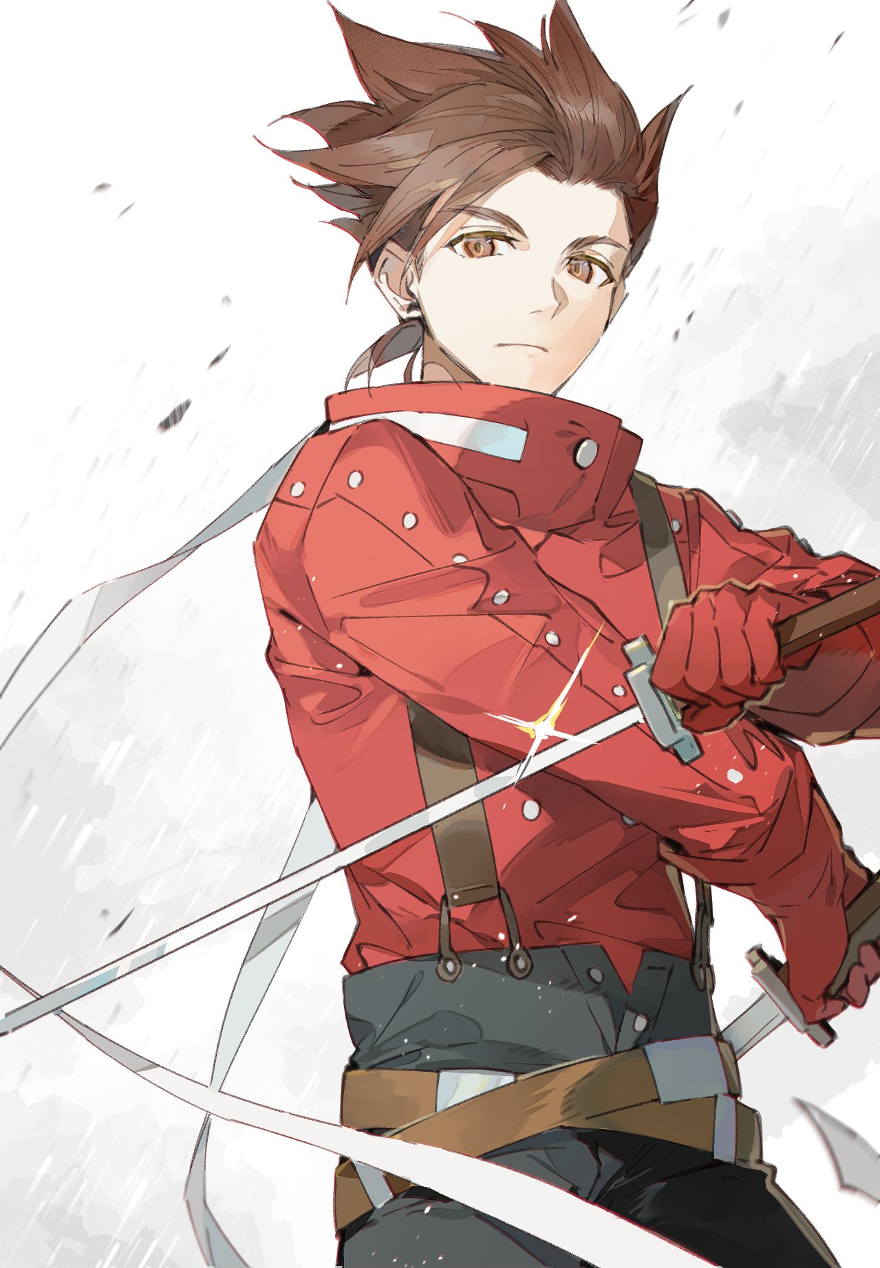 1boy belt black_pants brown_eyes brown_hair closed_mouth commentary_request fighting_stance glint gloves highres holding holding_sword holding_weapon jacket lloyd_irving long_sleeves looking_at_viewer male_focus multiple_belts pants red_gloves red_jacket short_hair solo spiky_hair suspenders sword tales_of_(series) tales_of_symphonia upper_body weapon xing_20