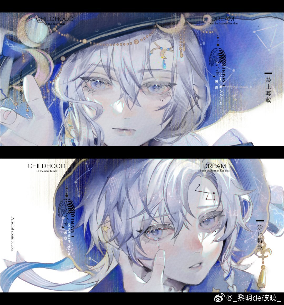 2girls black_border blue_eyes blue_hair blue_ribbon blush border chinese_commentary commentary_request constellation constellation_print crescent crescent_hat_ornament crying crying_with_eyes_open earrings eyelashes facial_mark fingernails forehead_mark hair_between_eyes hand_on_another's_cheek hand_on_another's_face hat hat_ornament hat_ribbon jewelry liming_de_poxiao lips mole mole_under_eye multiple_girls multiple_views nose_blush original parted_lips portrait pov purple_hair reaching ribbon short_hair simple_background star_(symbol) star_earrings streaming_tears striped_ribbon tassel_hat_ornament tears teeth watermark weibo_logo weibo_username white_background witch_hat