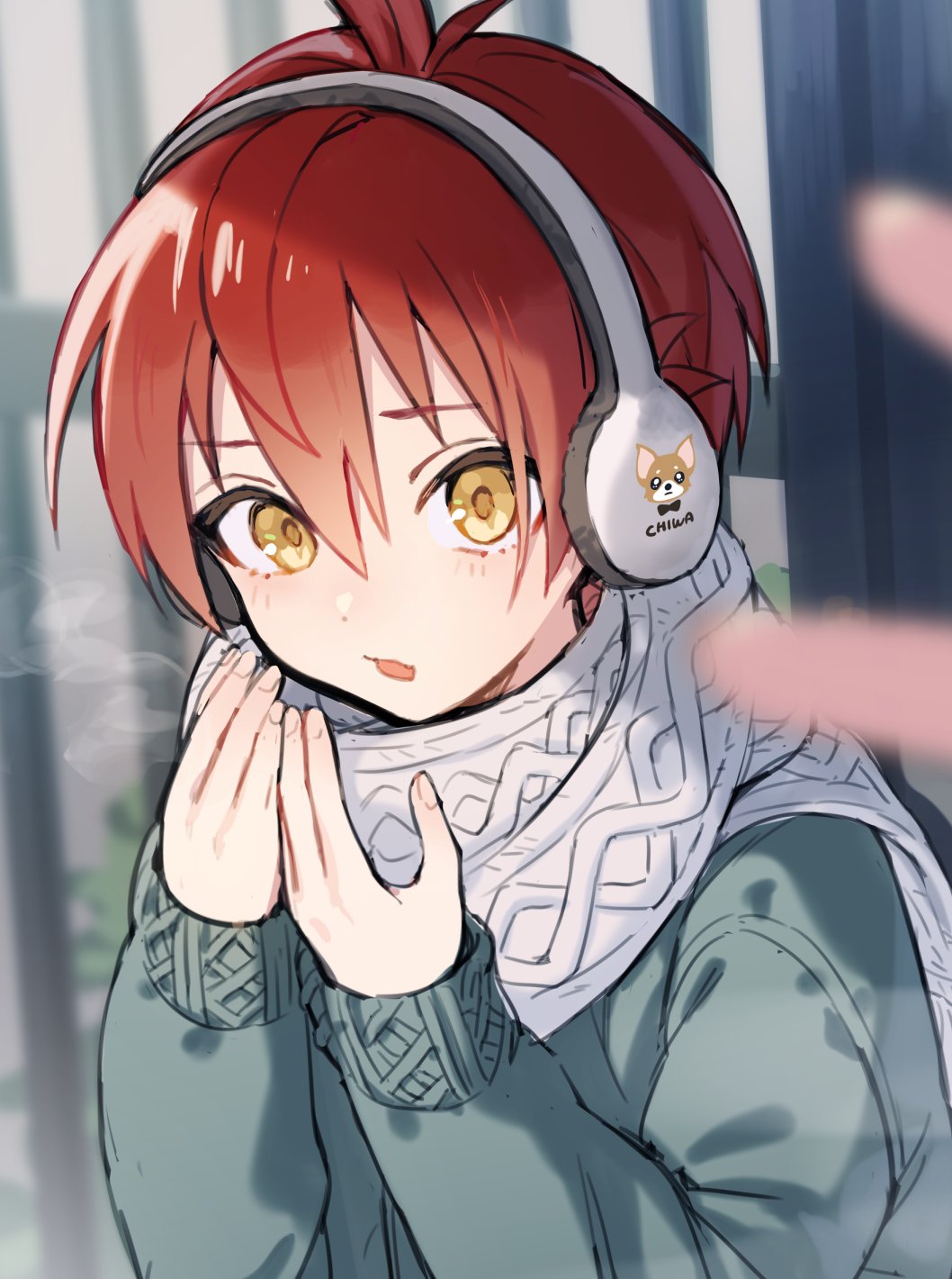 1boy blurry blurry_foreground breath commentary green_sweater hair_between_eyes headphones highres long_sleeves looking_at_viewer male_focus original parted_lips pillow_(nutsfool) redhead scarf solo sweater symbol-only_commentary upper_body white_scarf yellow_eyes