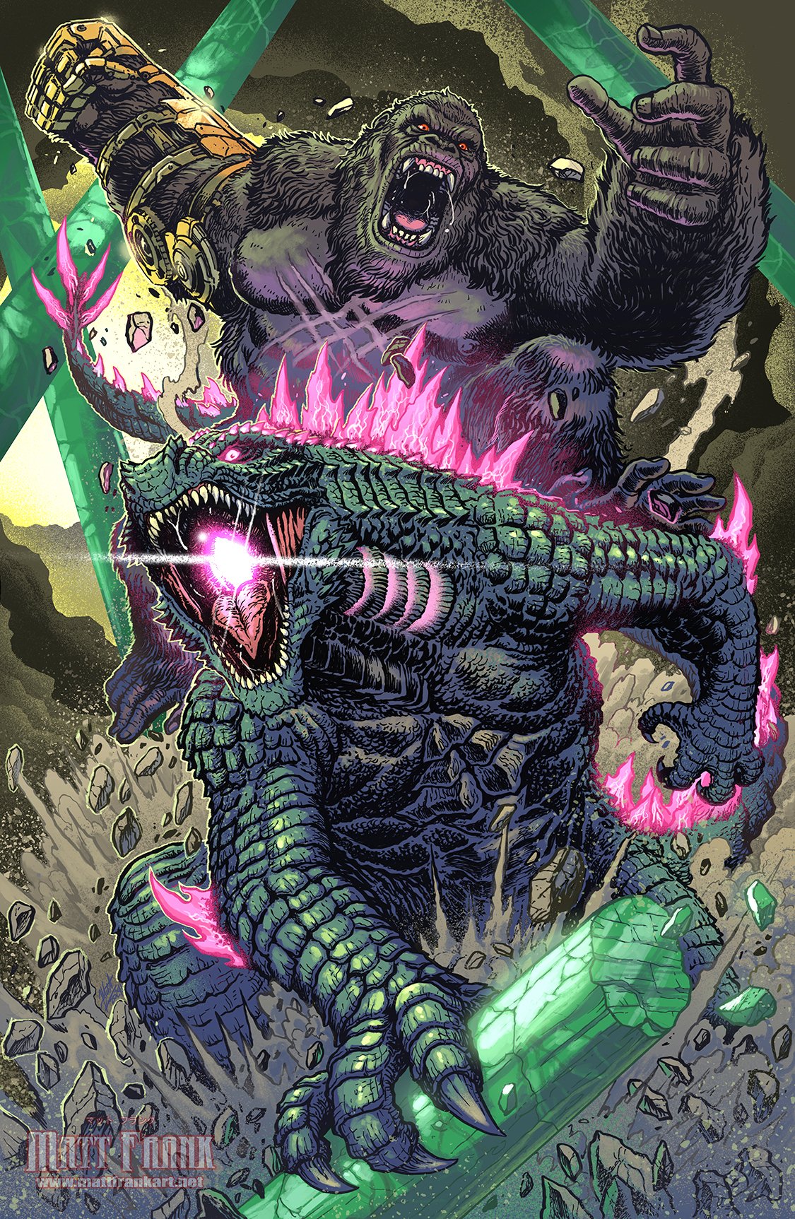 animal ape b.e.a.s.t_glove battle bioluminescence black_fur claws elbow_spikes fangs gauntlets giant giant_monster gills glowing glowing_mouth godzilla godzilla_(monsterverse) godzilla_(series) godzilla_evolved godzilla_x_kong:_the_new_empire gorilla highres jaw kaijuu king_kong king_kong_(series) kong:_skull_island kong_(monsterverse) long_tail looking_at_viewer matt_frank monster monsterverse muscular no_humans open_mouth oversized_animal reptile reptilian riding roaring scales sharp_teeth single_gauntlet spiked_tail spines tail teeth yellow_eyes