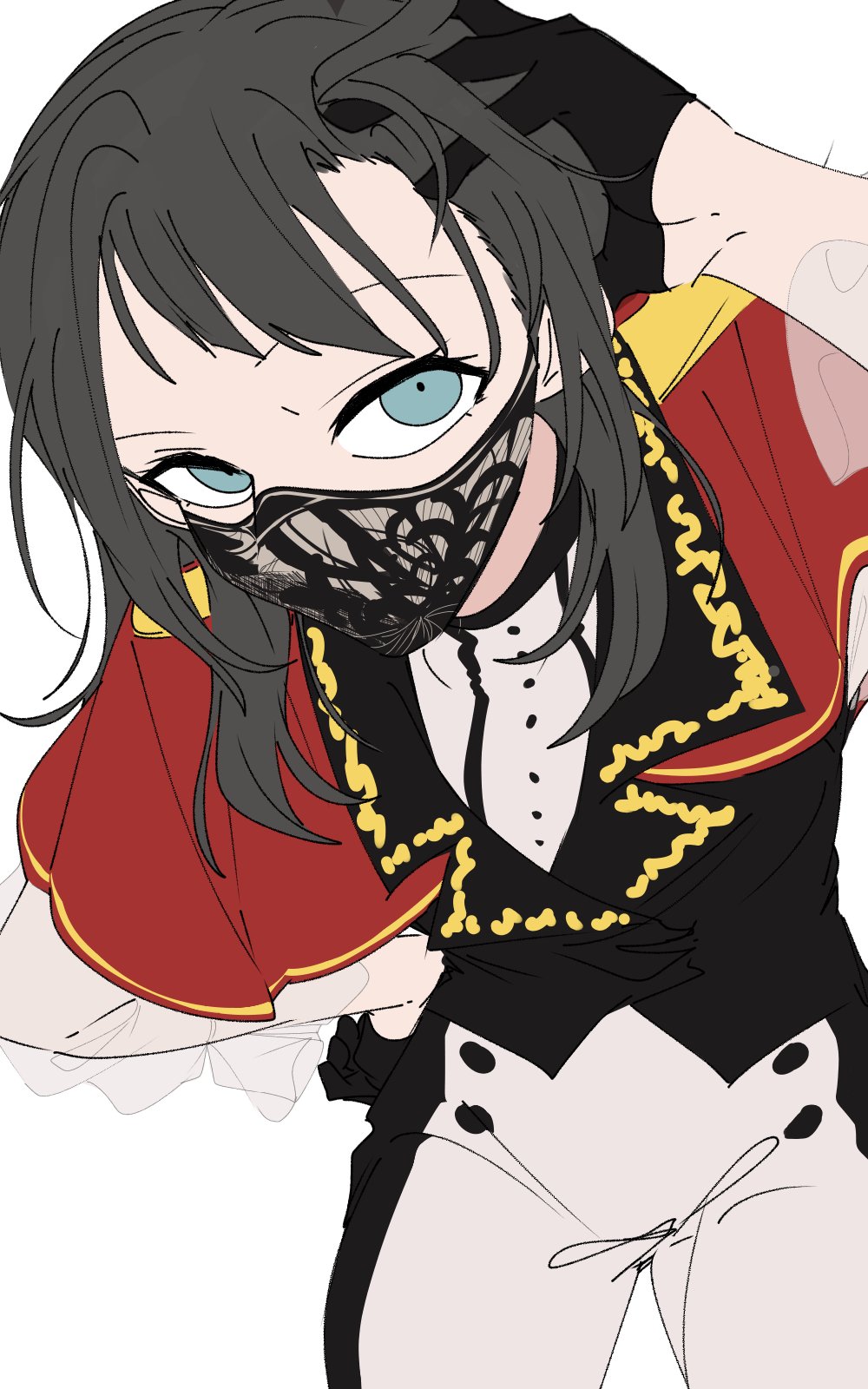 1girl a_jak bang_dream! bang_dream!_it's_mygo!!!!! black_gloves black_hair black_mask black_shirt blue_eyes cape from_above gloves grey_pants hand_in_own_hair highres long_hair looking_at_viewer mask mouth_mask pants red_cape see-through see-through_sleeves shirt simple_background sitting solo white_background yahata_umiri