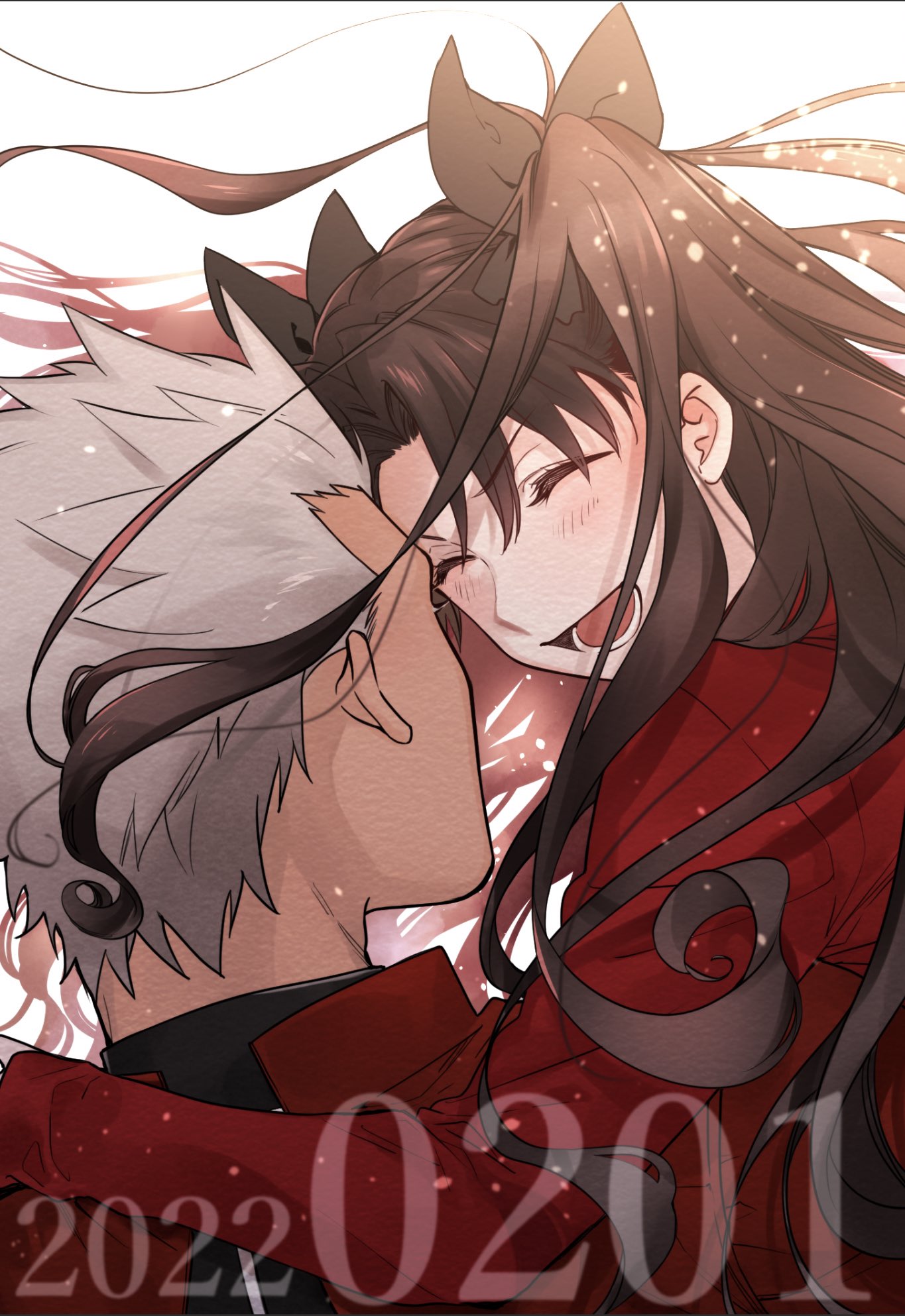 1boy 1girl 2022 ^_^ archer_(fate) back black_bow blush bow brown_hair carrying carrying_person close-up closed_eyes commentary_request dated fate/stay_night fate_(series) floating_hair grey_hair hair_bow highres jacket long_hair long_sleeves looking_at_another open_mouth ran_(ran_0605) red_jacket smile spiky_hair tohsaka_rin two_side_up upper_body white_background