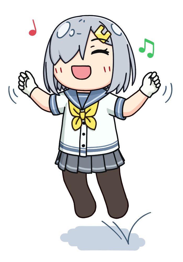 1girl beamed_eighth_notes black_pantyhose blue_eyes closed_eyes commentary_request grey_hair grey_sailor_collar grey_skirt hair_ornament hair_over_one_eye hairclip hama!_(3toshinhmkz) hamakaze_(kancolle) jumping kantai_collection musical_note neckerchief no_nose pantyhose pleated_skirt quarter_note sailor_collar school_uniform serafuku short_hair simple_background skirt solo w_arms white_background yellow_neckerchief