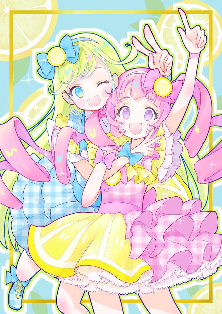 2girls :d ;d ahoge aozora_himari arm_up blonde_hair blue_bow blue_dress blue_eyes blunt_bangs bow commentary_request cowboy_shot dress food food-themed_clothes food-themed_hair_ornament frilled_dress frills fruit hair_bow hair_ornament himitsu_no_aipri hoshikawa_mitsuki idol_clothes index_finger_raised lemon lemon_slice long_hair looking_at_viewer miminaga_usagi multiple_girls one_eye_closed open_mouth outstretched_arm petticoat pink_bow pink_hair pretty_series smile standing twintails v violet_eyes