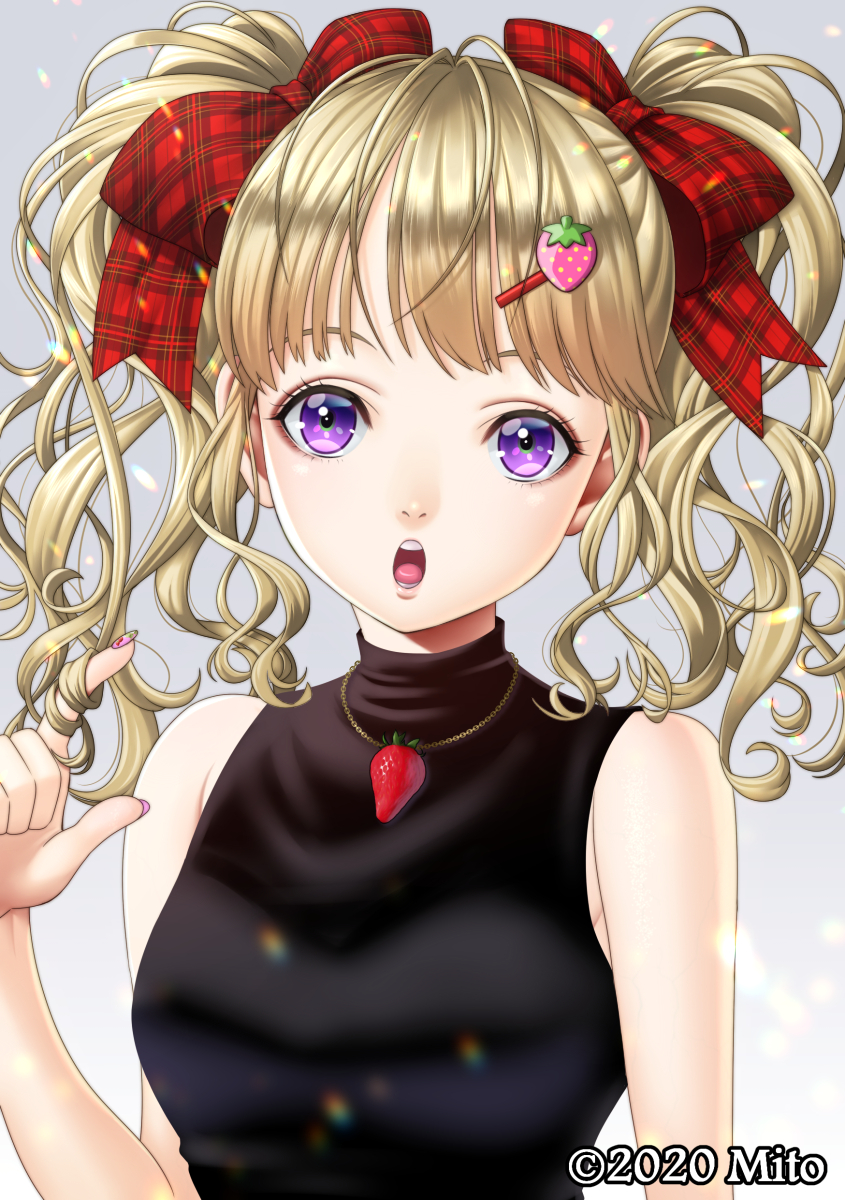 2020 :o artist_name black_shirt blonde_hair bow breasts commentary_request curly_hair eyebrows_hidden_by_hair food-themed_hair_ornament hair_bow hair_ornament hairclip hand_in_own_hair highres jewelry medium_breasts mito_amatsu necklace open_mouth original pink_nails plaid plaid_bow red_bow shirt sleeveless sleeveless_shirt sleeveless_turtleneck strawberry_hair_ornament turtleneck twintails violet_eyes
