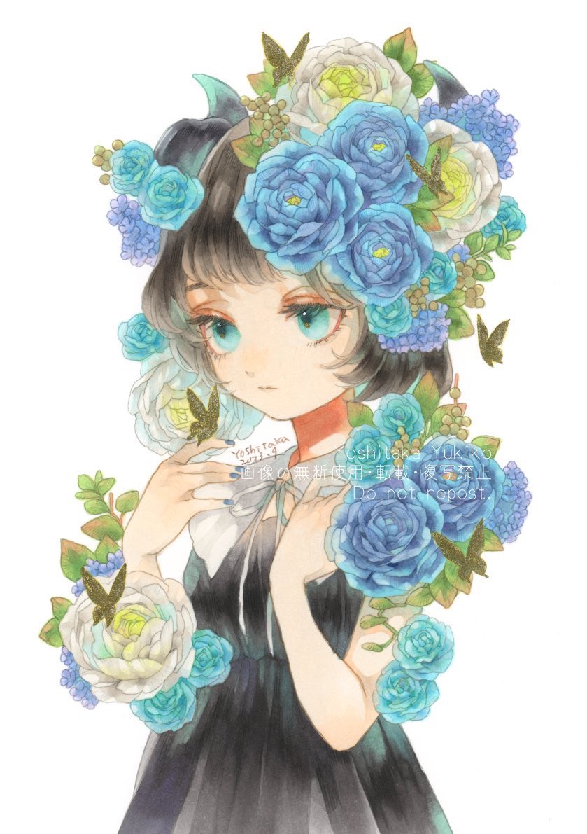 1girl 2023 artist_name black_dress black_hair blue_eyes blue_flower blue_nails blue_rose bug butterfly butterfly_on_hand closed_mouth dated dress expressionless flower hair_flower hair_ornament hands_up horns hydrangea leaf nail_polish neck_ribbon original painting_(medium) ribbon rose short_hair simple_background solo traditional_media upper_body watercolor_(medium) watermark white_background white_flower white_rose yoshitaka_a3