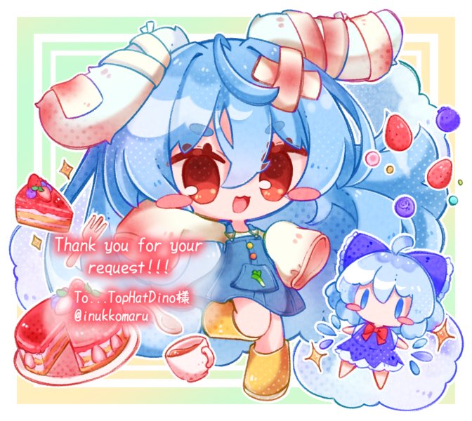 2girls ambiguous_red_liquid animal_ears bandages blue_bow blue_dress blue_hair bow cake cake_slice chibi cirno commission cup detached_wings dress fairy fairy_wings food hair_bow ice ice_wings inukkomaru kine mallet multiple_girls pinafore_dress rabbit_ears rabbit_tail red_eyes seiran_(touhou) skeb_commission sleeveless sleeveless_dress tail touhou wide_sleeves wings yellow_footwear