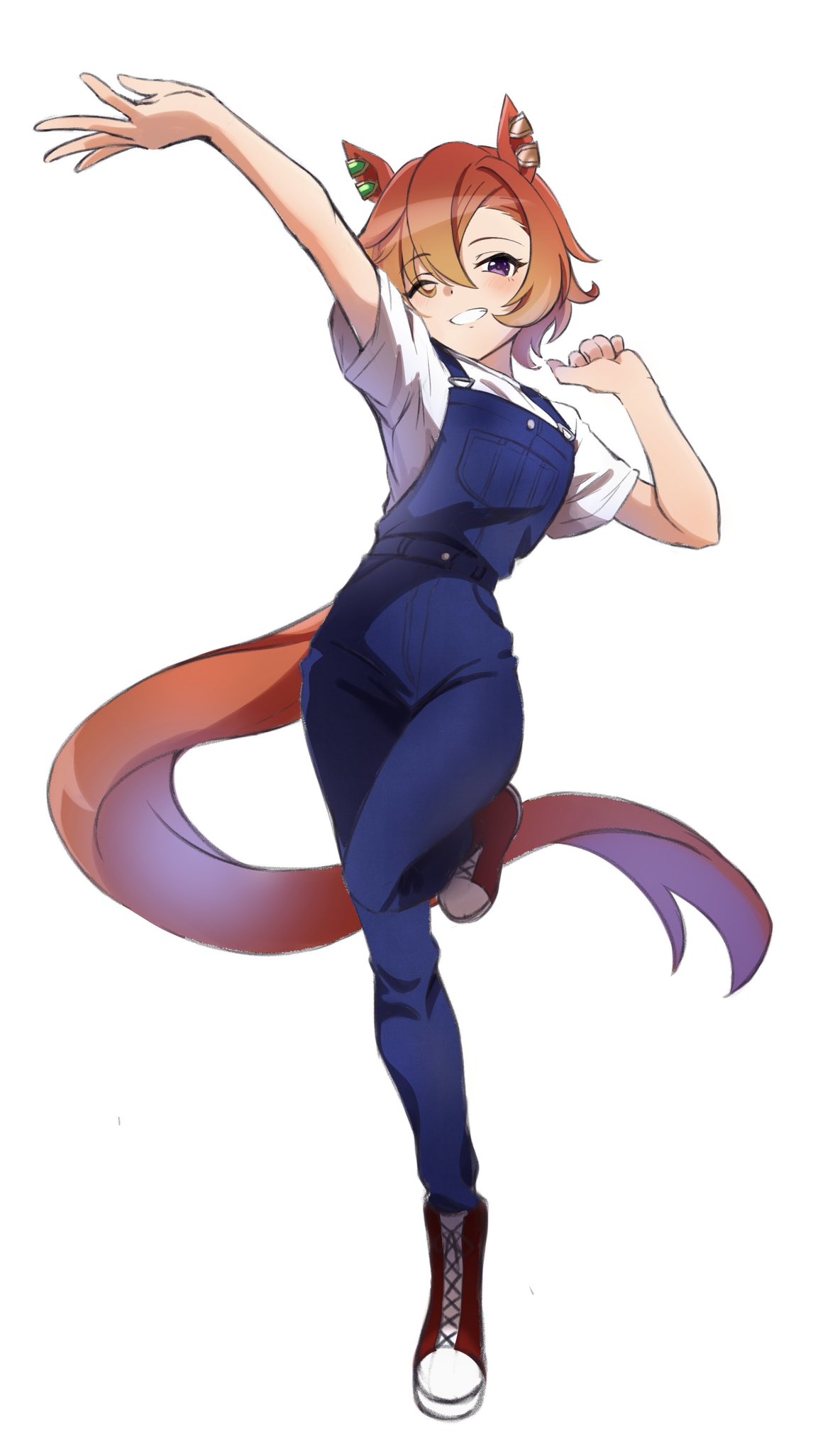 1girl ;) alternate_costume animal_ears arm_up blue_overalls casual chokotabetai00 commission full_body hair_between_eyes highres horse_ears horse_girl leg_up looking_at_viewer one_eye_closed orange_hair overalls red_footwear shirt short_hair simple_background smile solo t-shirt t.m._opera_o_(umamusume) umamusume violet_eyes white_background white_shirt