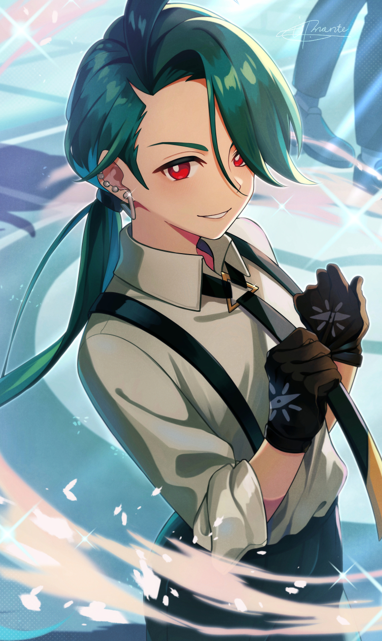 1boy 1girl black_gloves black_necktie black_pants bright_pupils collared_shirt commentary_request earrings glint gloves green_hair grey_shirt hachimitsu_monte hair_between_eyes hands_up highres jewelry long_hair necktie pants parted_lips pokemon pokemon_sv red_eyes rika_(pokemon) shirt smile standing stud_earrings suspenders white_pupils