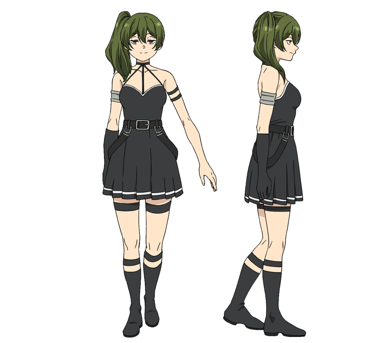 1girl arm_strap armlet belt black_choker black_dress black_footwear black_gloves boots choker dress from_side full_body gloves green_hair half-closed_eyes jitome long_hair o-ring o-ring_choker official_art pleated_dress profile reference_sheet side_ponytail single_glove smile sousou_no_frieren straight-on suspenders_hanging thigh_strap transparent_background ubel_(sousou_no_frieren)