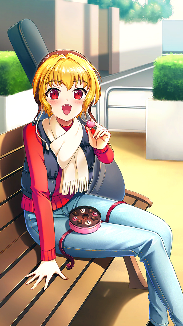 1girl :d bench blonde_hair blue_pants blush brown_hat candy chocolate day denim doukyuusei_another_world food game_cg guitar_case hair_intakes heart heart-shaped_chocolate horiide_mika instrument_case kakyuusei_2 long_sleeves looking_at_viewer official_art open_mouth outdoors pants red_eyes red_sweater scarf short_hair sitting smile solo sweater valentine white_scarf