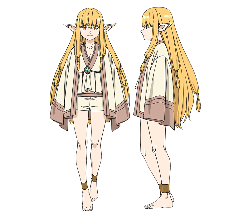1girl ankle_strap barefoot blonde_hair brooch elf feet from_side full_body gem green_gemstone hair_tubes jewelry long_hair low-tied_sidelocks official_art orange_eyes pointy_ears profile reference_sheet robe serie_(sousou_no_frieren) shorts sidelocks smile sousou_no_frieren straight-on toes transparent_background white_robe white_shorts