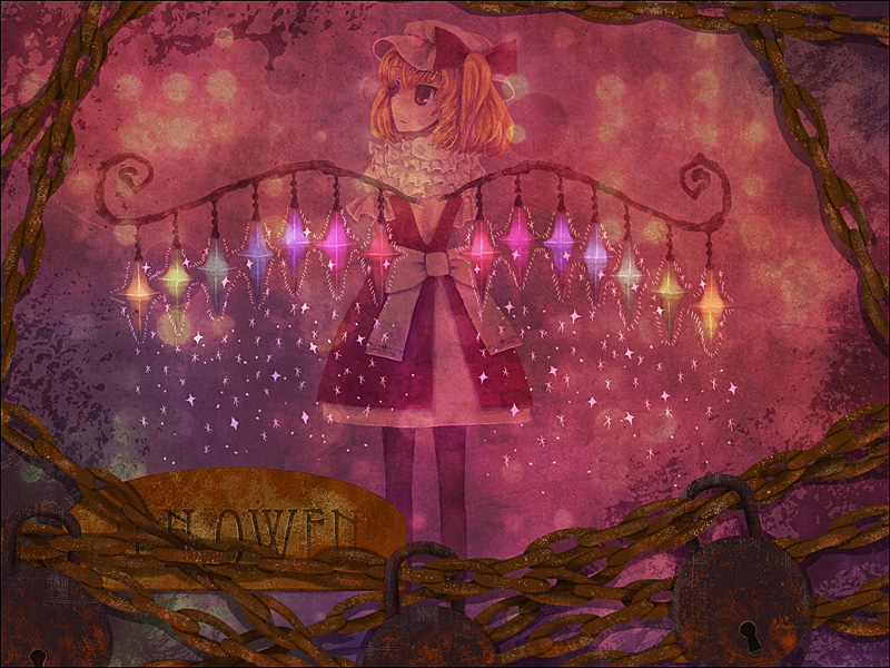 1girl back_bow backless_outfit black_pantyhose bow chain closed_mouth culotte_(hosenrock) feet_out_of_frame flandre_scarlet frilled_shirt_collar frills from_behind glowing glowing_wings hair_bow hat lock mob_cap multicolored_wings one_side_up padlock pantyhose pink_background puffy_short_sleeves puffy_sleeves red_bow red_eyes red_skirt red_vest shirt short_sleeves skirt solo touhou vest white_bow white_hat white_shirt wings