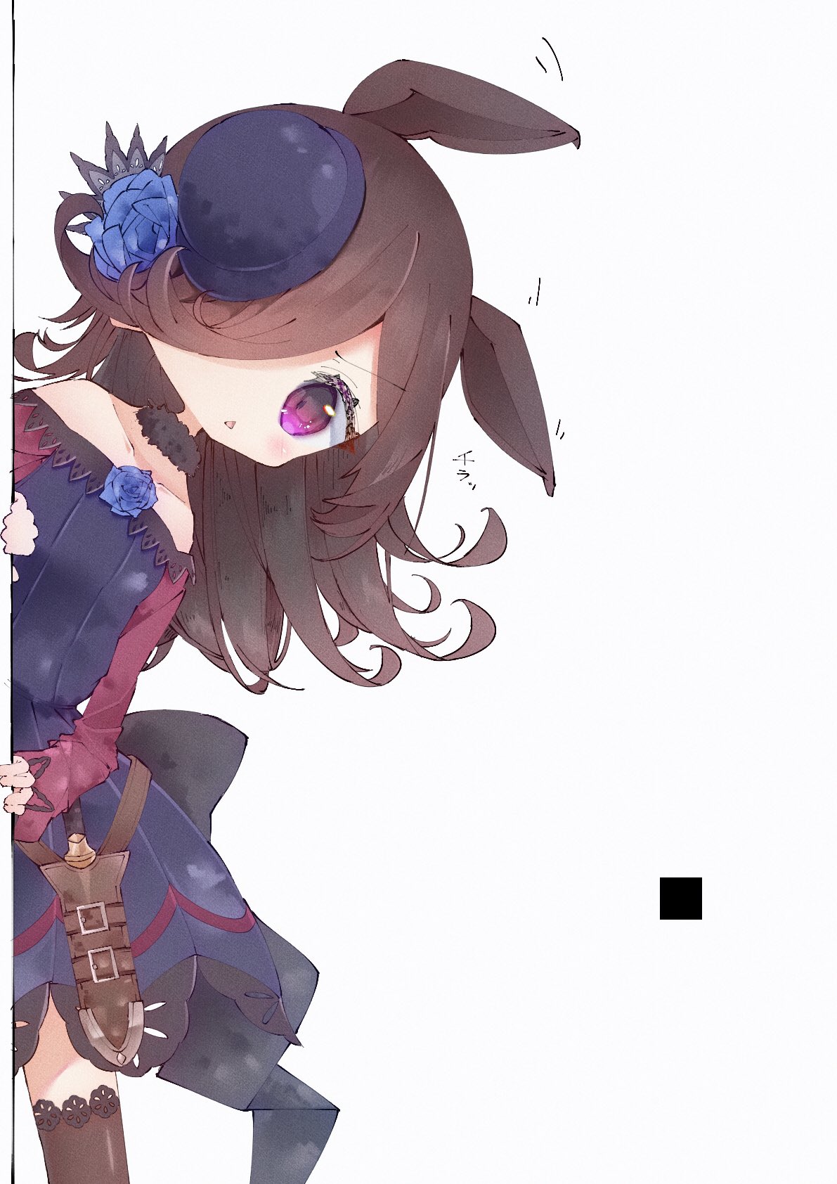 1girl animal_ears back_bow belt black_bow blue_flower blue_rose bow bowler_hat brown_hair brown_thighhighs dagger dress flower fur_collar hair_over_one_eye hat hat_flower highres horse_ears horse_girl knife knife_sheath lace lace-trimmed_dress lace-trimmed_thighhighs lace_trim large_bow leaning_to_the_side long_hair n_u off-shoulder_dress off_shoulder one_eye_covered rice_shower_(umamusume) rose sheath sheathed thigh-highs tilted_headwear triangle_mouth umamusume violet_eyes weapon