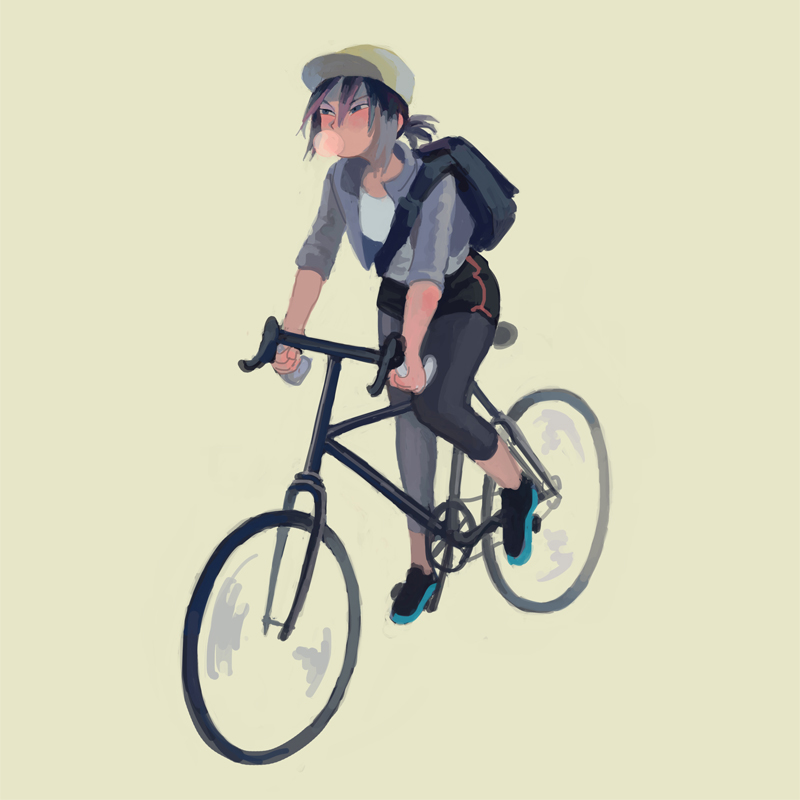 1girl backpack bag baseball_cap bicycle bike_shorts black_bag black_footwear blowing_bubbles character_request commentary_request copyright_request frown full_body grey_hair grey_jacket grey_leggings hat jacket leggings riding riding_bicycle shirt shoes simple_background sleeves_rolled_up sneakers sokoko solo white_shirt yellow_background