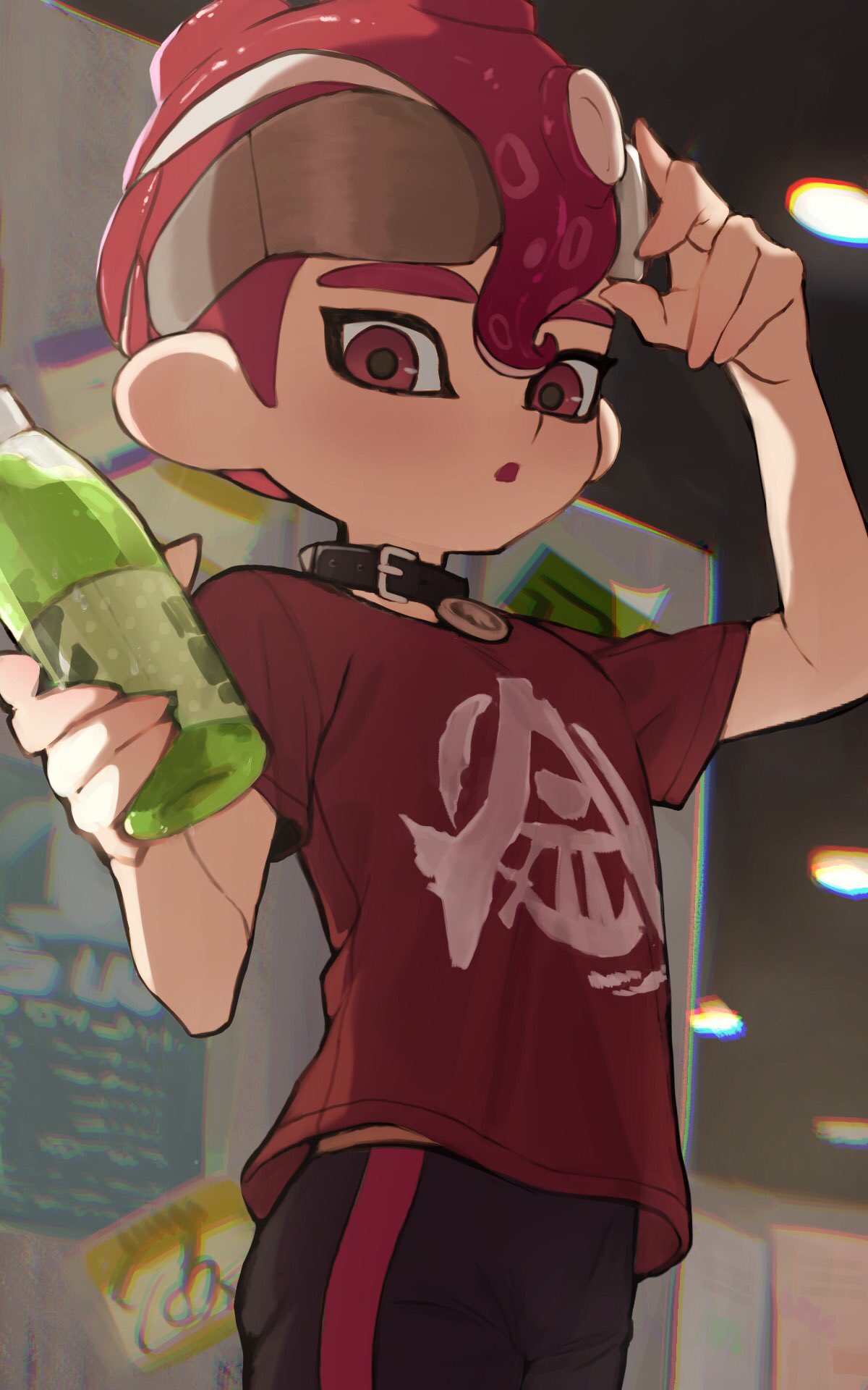 1boy amakara000 black_collar bottle collar eyewear_on_head highres holding holding_bottle indoors male_focus mohawk octoling octoling_boy octoling_player_character open_mouth print_shirt red_eyes red_shirt redhead shirt short_hair solo splatoon_(series) splatoon_3 standing sunglasses tentacle_hair thick_eyebrows