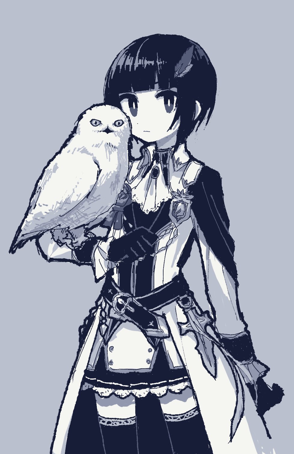 1girl animal animal_on_arm belt bird black_thighhighs closed_mouth dress gloves hat_feather highres long_sleeves looking_at_viewer monochrome naname_(fossama1) original owl short_hair solo thigh-highs
