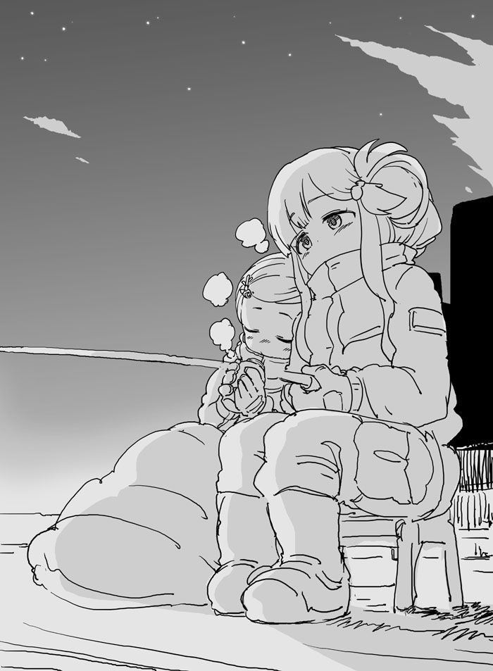 2girls asari_nanami blush boots breasts closed_eyes clouds cup dot_nose fish_hair_ornament fishing fishing_rod gloves greyscale hair_ornament hair_rings hairclip holding holding_cup holding_fishing_rod idolmaster idolmaster_cinderella_girls idolmaster_cinderella_girls_starlight_stage jacket long_hair looking_at_another medium_breasts monochrome multiple_girls night night_sky nishino_hikoji on_chair outdoors pants shuto_aoi sitting sky sleeping_bag small_breasts star_(sky) starry_sky steam