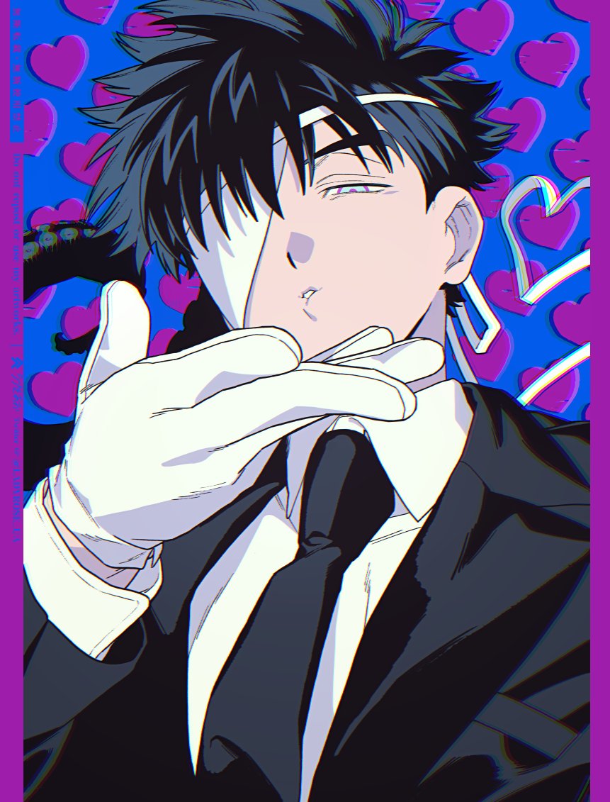 1boy black_hair blowing_kiss blue_eyes gloves hand_up heart looking_at_viewer looking_down male_focus one_eye_covered original parted_lips pointy_hair retro_artstyle suit udukiao white_gloves