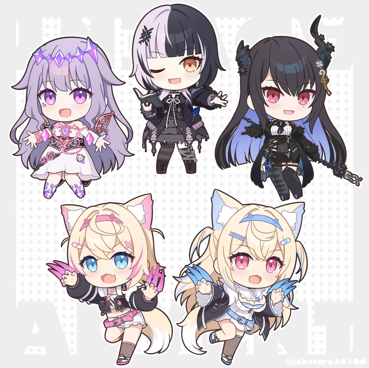 5girls :d ;d animal_ears asymmetrical_horns black_hair black_horns blonde_hair blue_eyes blue_hair blunt_bangs blunt_ends book chibi claw_pose colored_inner_hair commentary dog_ears dog_girl dog_tail dress english_commentary fake_claws fuwamoco fuwawa_abyssgard fuwawa_abyssgard_(1st_costume) grey_hair holding holding_book holoadvent hololive hololive_english horns jewel_under_eye koseki_bijou koseki_bijou_(1st_costume) long_hair looking_at_viewer metal_wings misakiotukimi mococo_abyssgard mococo_abyssgard_(1st_costume) mole mole_under_eye multicolored_hair multiple_girls nerissa_ravencroft nerissa_ravencroft_(1st_costume) one_eye_closed open_mouth orange_eyes pink_eyes pink_hair red_eyes shiori_novella shiori_novella_(1st_costume) short_hair simple_background smile split-color_hair staff streaked_hair tail twitter_username two-tone_hair very_long_hair violet_eyes virtual_youtuber white_dress