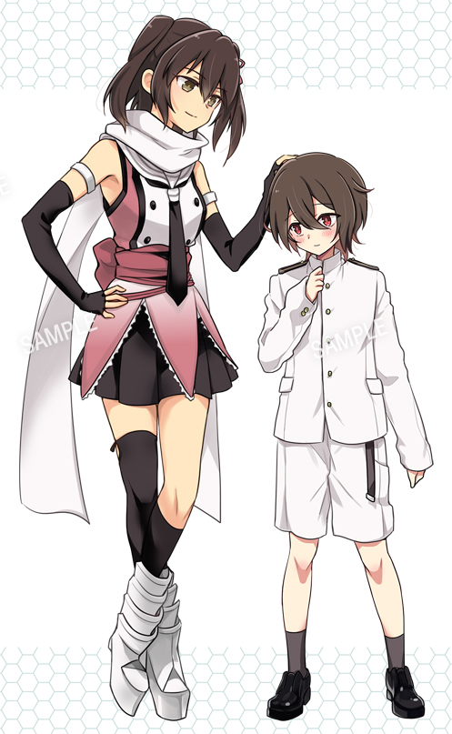 1boy 1girl admiral_(kancolle) asymmetrical_legwear black_gloves black_hair black_neckerchief black_skirt brown_eyes brown_hair buttons double-breasted elbow_gloves fingerless_gloves full_body gloves hand_on_another's_head jacket kantai_collection kneehighs little_boy_admiral_(kancolle) military_uniform neckerchief pleated_skirt r-king sailor_collar sample_watermark scarf school_uniform sendai_(kancolle) sendai_kai_ni_(kancolle) serafuku short_hair shorts simple_background single_kneehigh single_sock single_thighhigh skirt socks standing thigh-highs two_side_up uneven_legwear uniform watermark white_background white_jacket white_sailor_collar white_scarf white_shorts