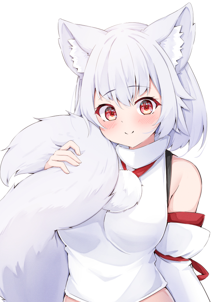 1girl animal_ear_fluff animal_ears bare_shoulders blush breasts closed_mouth commentary detached_sleeves eyelashes hair_between_eyes hair_ribbon happy holding_own_tail inubashiri_momiji large_breasts medium_hair no_headwear pom_pom_(clothes) red_eyes ribbon rururiaru shirt simple_background sleeveless sleeveless_shirt smile solo split_mouth tail touhou tress_ribbon turtleneck white_background white_hair white_shirt wide_sleeves wolf_ears wolf_girl wolf_tail
