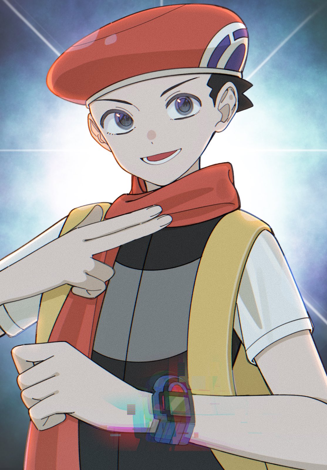 1boy :d beret black_hair commentary_request grey_eyes grey_vest hat highres kana_(kanna_runa0620) looking_at_viewer lower_teeth_only lucas_(pokemon) male_focus open_mouth pokemon pokemon_dppt poketch scarf shirt short_hair short_sleeves smile solo t-shirt teeth upper_body vest watch watch white_shirt