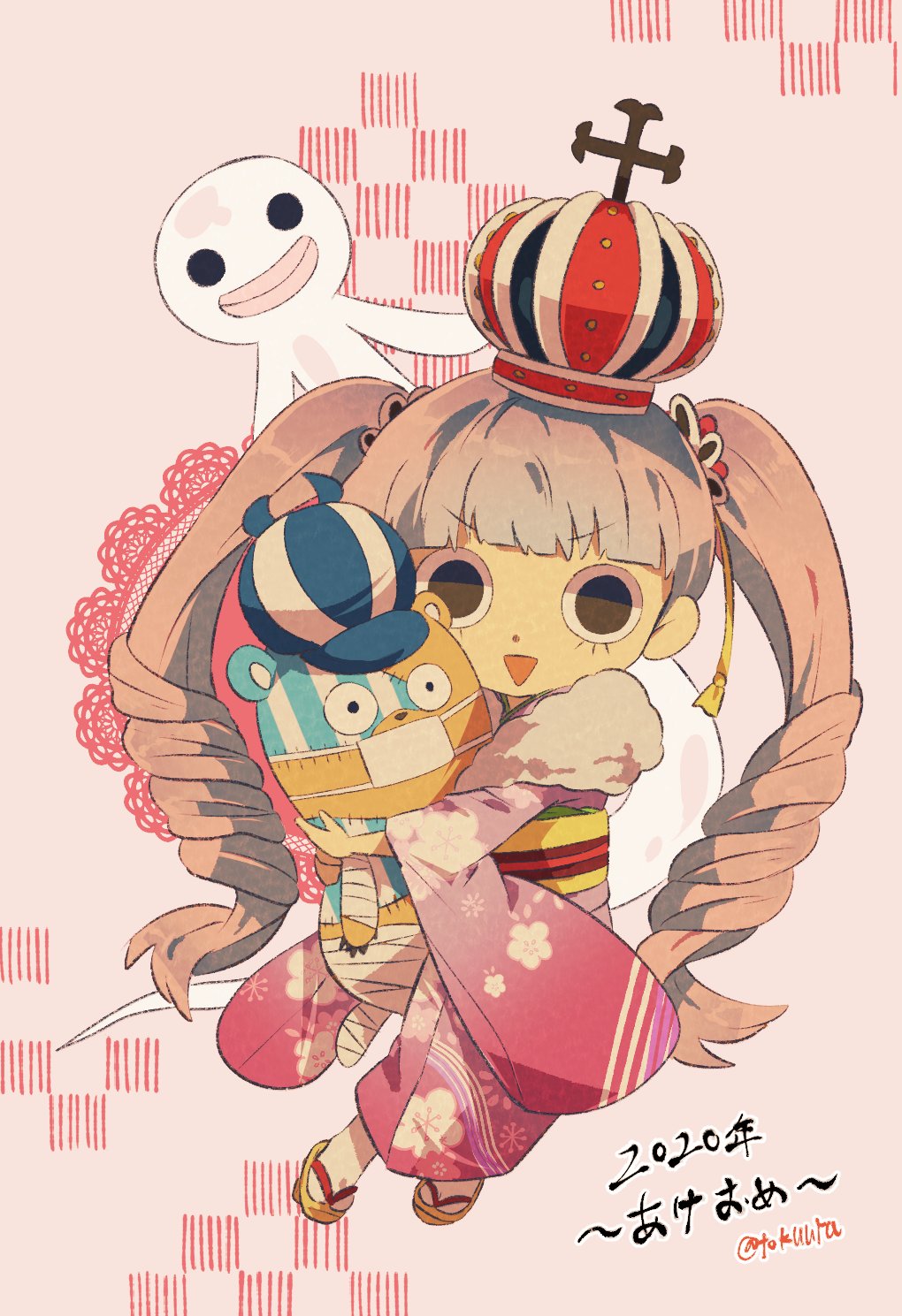 1girl 2020 bandages black_eyes blunt_bangs chibi commentary_request crown drill_hair eyelashes floral_print_kimono fur_collar geta ghost highres holding holding_stuffed_toy japanese_clothes kimono kumacy looking_at_viewer mask mini_crown mouth_mask obi perona pink_background pink_kimono sash smile socks stuffed_toy tokuura twin_drills twintails twitter wide_sleeves yellow_sash