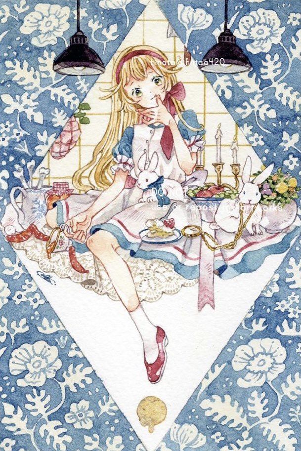 1girl apple apron artist_name blonde_hair blue_dress bow cake cake_slice candle candlestand ceiling_light cup diamond_(shape) dress floral_background flower food fork frills fruit full_body green_eyes grid_background hairband hntaa holding key lace licking licking_finger long_hair looking_at_viewer original painting_(medium) pie plate pocket_watch puffy_short_sleeves puffy_sleeves rabbit red_footwear red_hairband red_ribbon ribbon shoes short_sleeves signature sitting socks solo spilling teacup teapot traditional_media twitter_username watch watercolor_(medium) watermark white_socks