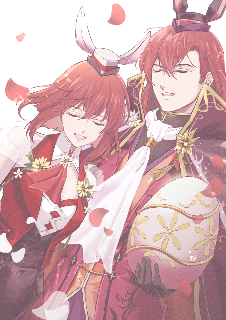 1boy 1girl brother_and_sister closed_eyes coat easter_egg egg fire_emblem fire_emblem:_mystery_of_the_emblem fire_emblem_heroes hair_between_eyes hat highres holding holding_egg michalis_(fire_emblem) michalis_(spring)_(fire_emblem) minerva_(fire_emblem) minerva_(spring)_(fire_emblem) mini_hat neckerchief official_alternate_costume open_clothes open_coat open_mouth open_vest playboy_bunny red_neckerchief red_vest redhead siblings teeth upper_teeth_only vest white_background yori_ilrosso