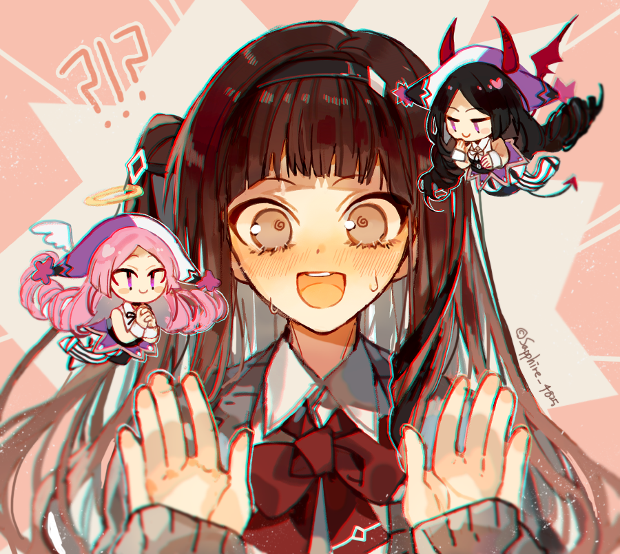 !? 3girls angel_and_devil black_hair blush bow bowtie brown_hair cardigan closed_mouth collared_shirt demon_tail demon_wings female_commander_(forever_7th_capital) forever_7th_capital grey_cardigan halo hands_up horns long_hair multiple_girls one_side_up open_mouth own_hands_clasped own_hands_together pink_background pink_eyes red_bow red_bowtie sapphire_(nine) shirt sidelocks simple_background smile tail very_long_hair violet_eyes white_shirt wings yuri_(forever_7th_capital)