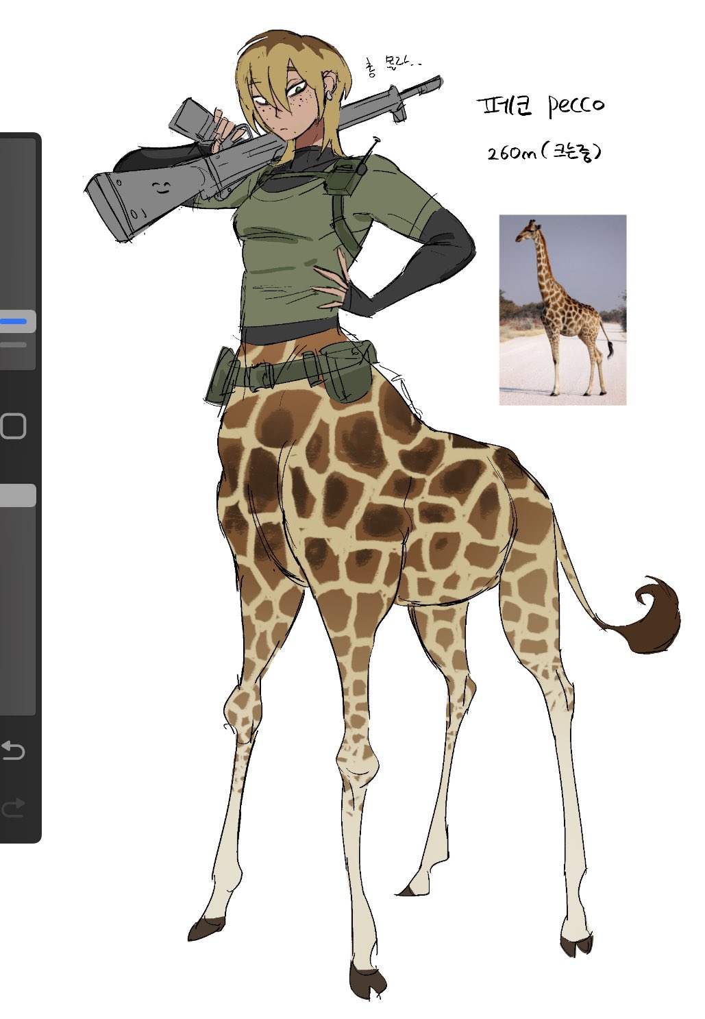 1girl animal arm_up brown_hair centauroid closed_mouth commentary_request earrings freckles giraffe giraffe_girl giraffe_tail green_eyes green_shirt gun hand_on_own_hip highres holding holding_gun holding_weapon hooves jewelry kimsuseu korean_commentary korean_text long_hair long_sleeves looking_at_viewer monster_girl multicolored_hair original over_shoulder radio reference_inset shirt standing tactical_clothes tail taur translation_request user_interface weapon weapon_over_shoulder