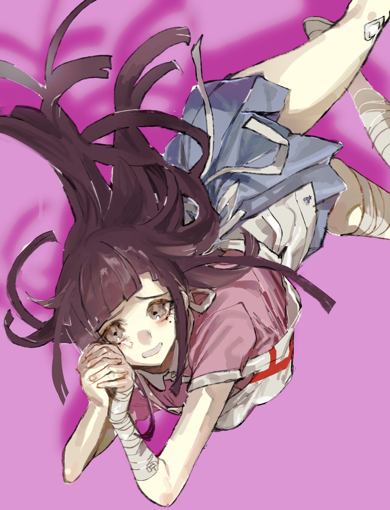 1girl apron back_bow bandaged_arm bandaged_foot bandages bandaid bandaid_on_knee bandaid_on_leg blue_skirt blunt_bangs blunt_ends bow breasts clenched_teeth collar collared_shirt commentary_request crying crying_with_eyes_open danganronpa_(series) danganronpa_2:_goodbye_despair eyelashes falling floating_hair foot_out_of_frame furrowed_brow highres interlocked_fingers long_hair miniskirt mole mole_under_eye own_hands_clasped own_hands_together pink_shirt pink_sleeves pleated_skirt puffy_short_sleeves puffy_sleeves purple_background purple_hair ribbon sad shadow shirt shoes short_sleeves simple_background skirt solo streaming_tears talesofmea tears teeth tsumiki_mikan very_long_hair violet_eyes white_apron white_collar white_footwear white_ribbon