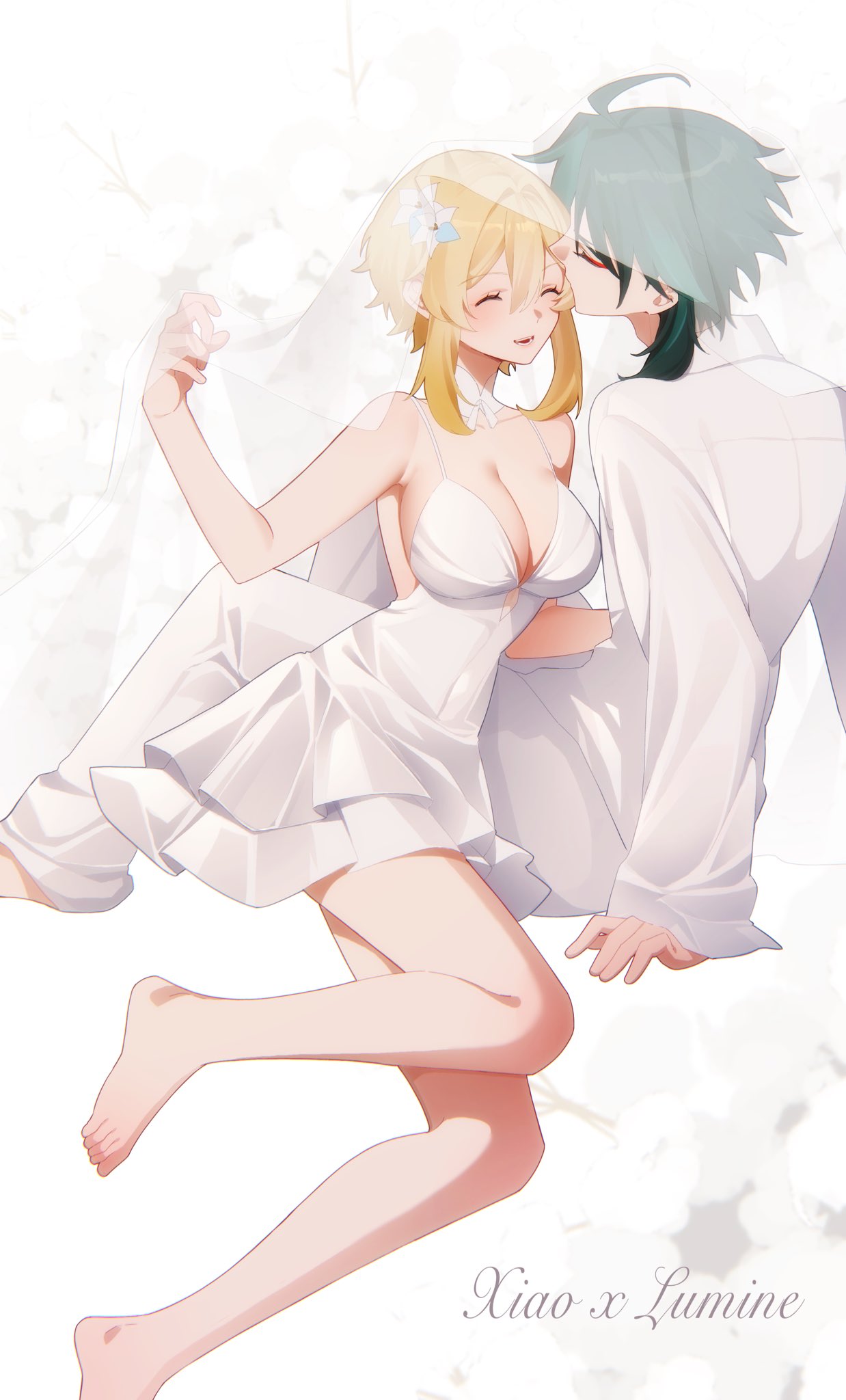 1boy 1girl barefoot blonde_hair breasts character_name closed_eyes dress feet flower genshin_impact green_hair hair_between_eyes hair_flower hair_ornament highres jk_4140 kiss long_hair long_sleeves lumine_(genshin_impact) male_focus medium_breasts multicolored_hair open_mouth smile suit toes wedding_dress white_dress white_suit xiao_(genshin_impact) yellow_eyes