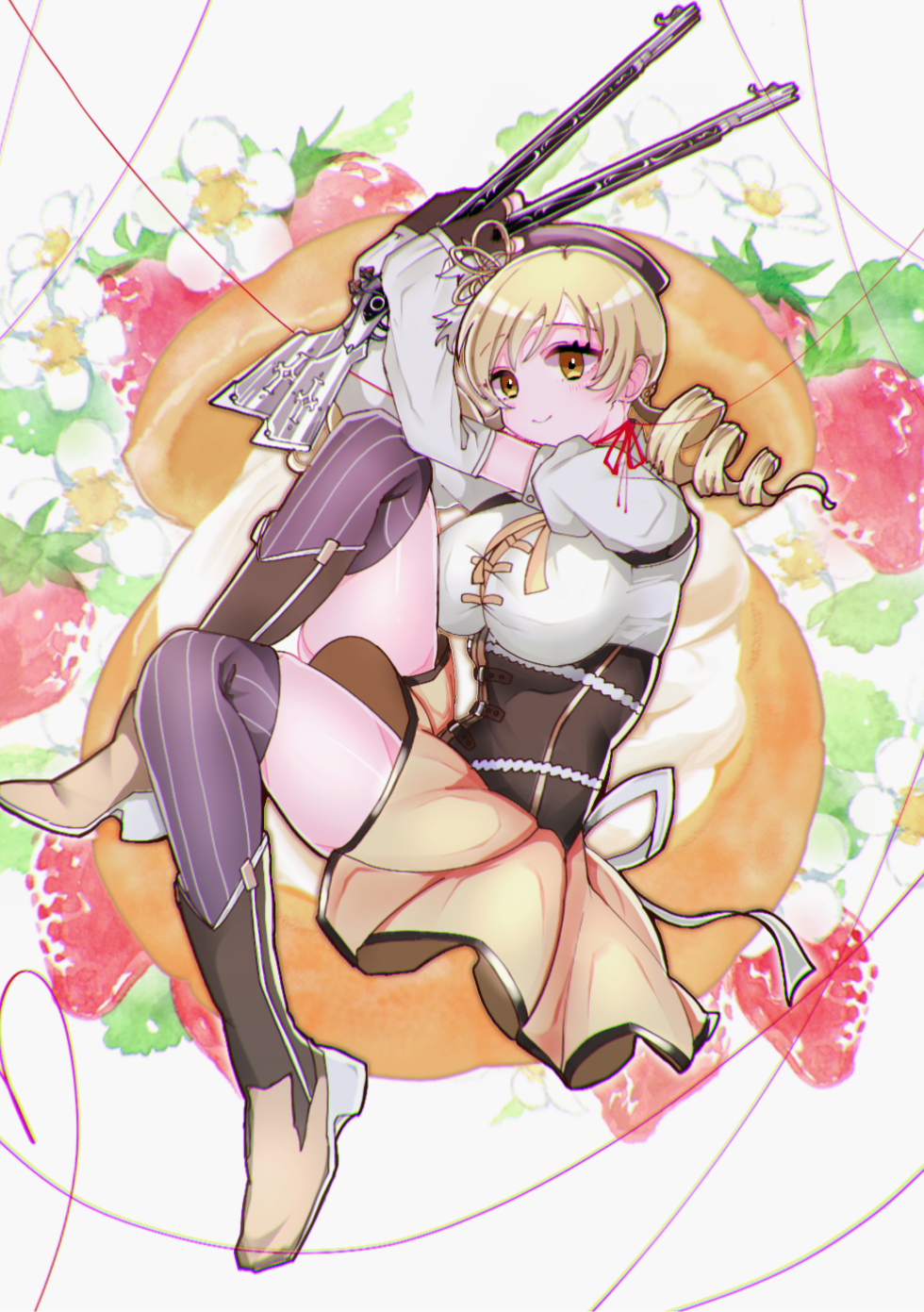 1girl arms_up beret blonde_hair boots breasts brown_corset brown_footwear brown_gloves brown_hat brown_thighhighs closed_mouth commentary corset detached_sleeves drill_hair fingerless_gloves floral_background fruit_background gloves gun hair_ornament hat highres holding holding_weapon knee_boots knees_up large_breasts long_sleeves magical_girl magical_musket mahou_shoujo_madoka_magica mahou_shoujo_madoka_magica_(anime) medium_hair neck_ribbon puffy_short_sleeves puffy_sleeves red_ribbon ribbon short_sleeves smile solo striped_clothes striped_thighhighs thigh-highs tomoe_mami twin_drills usagi_(jczx4258) weapon white_background yellow_eyes yellow_ribbon zettai_ryouiki